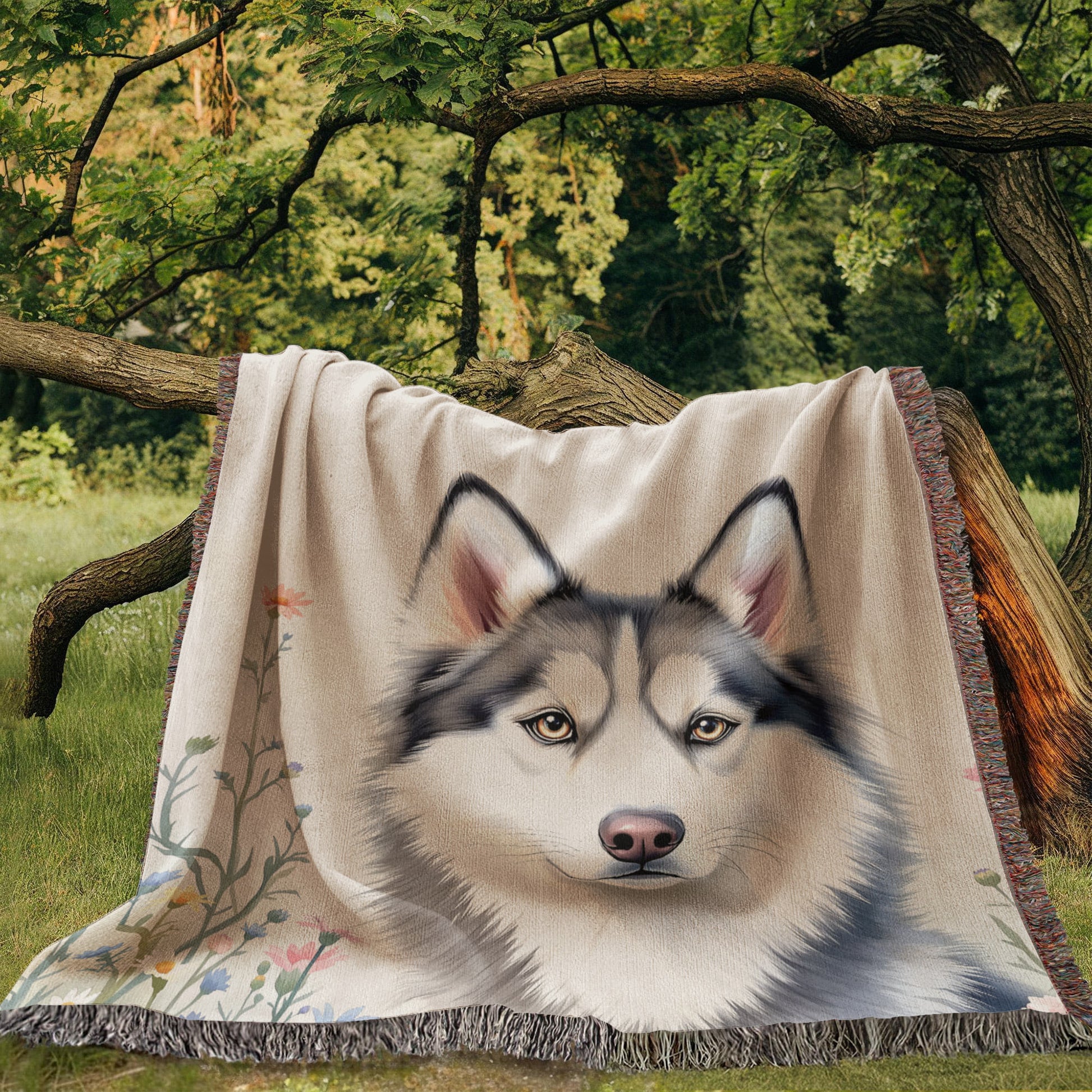 Husky Dog Wildflowers Woven Blanket-[Heartfelt Family Gift]