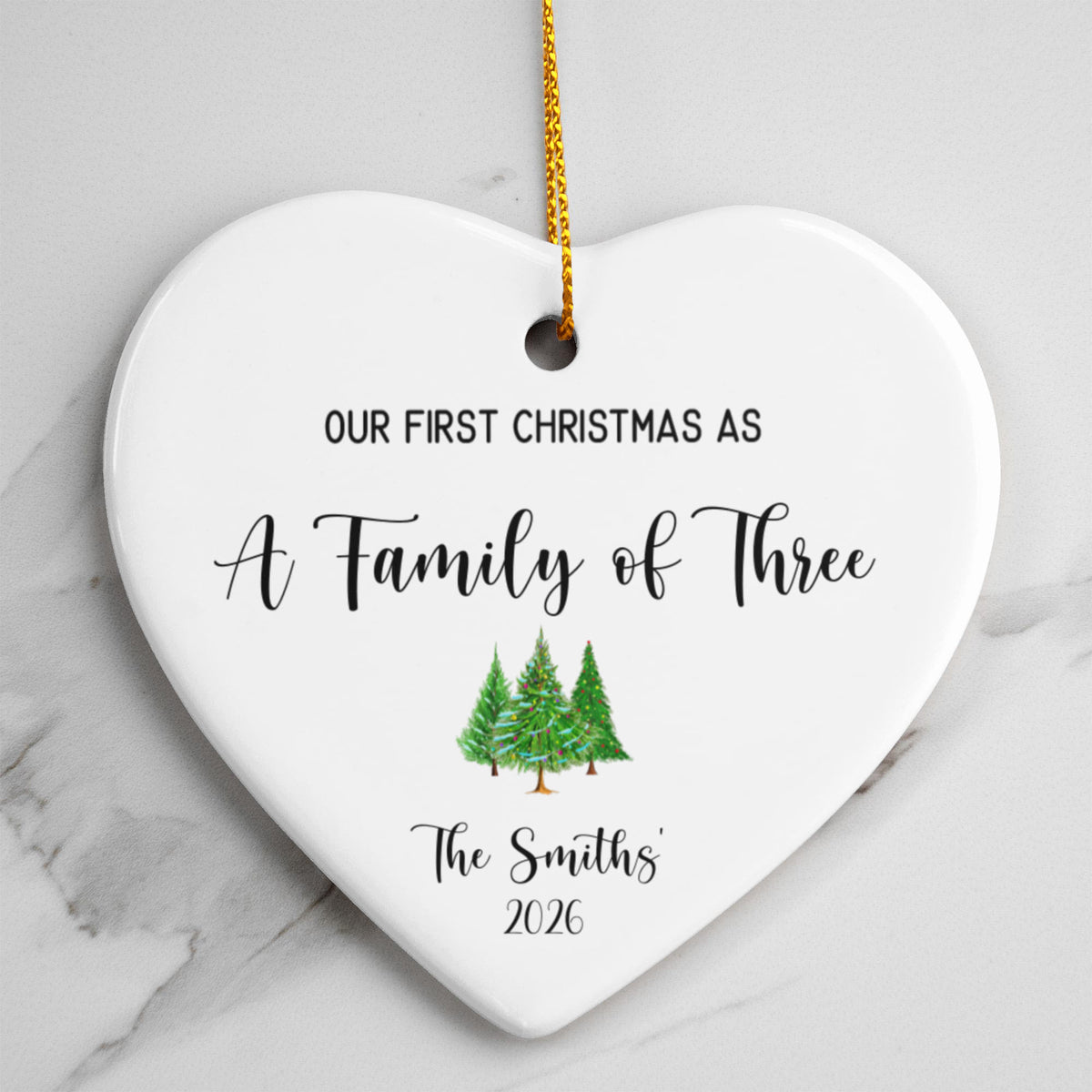 First Christmas As A Family of Three Ceramic Heart Ornament