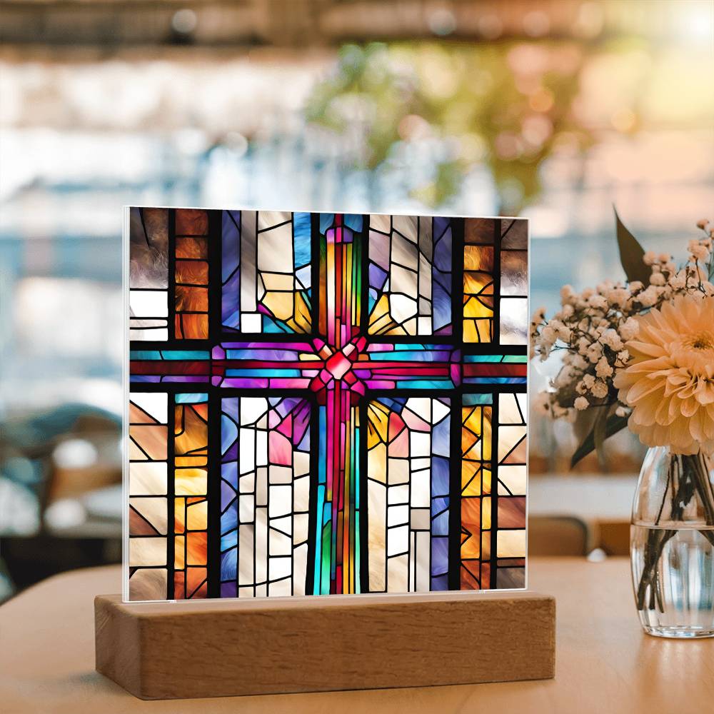 LED Acrylic Cross - Baptism Easter and Confirmation Gift - Faux Stained Glass Decor