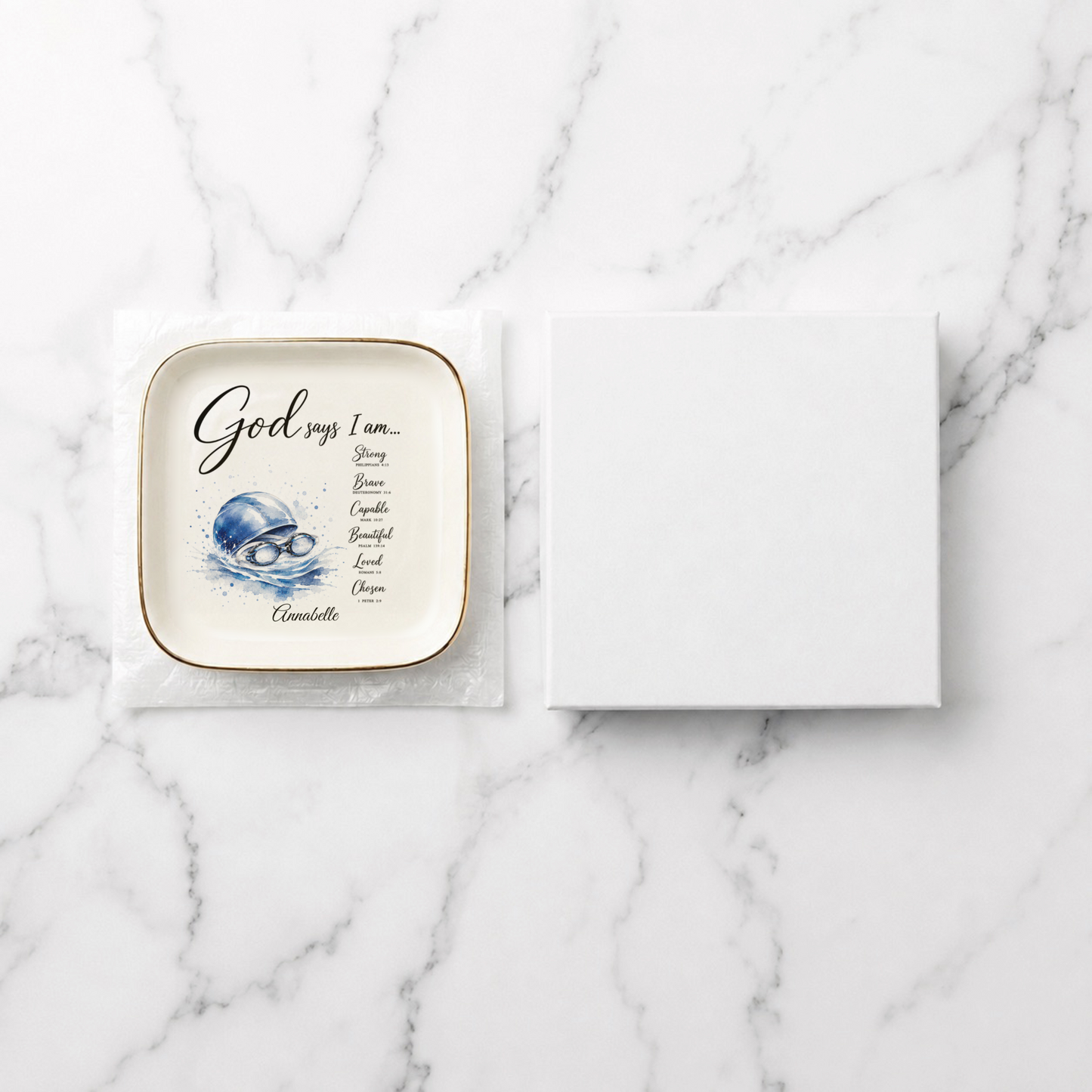 Swimming Christian Jewelry Dish, Swimmer Gift, Faith Trinket Tray, God Says I Am Dish, Personalized Swim Gift, Gold Trim Ceramic Tray