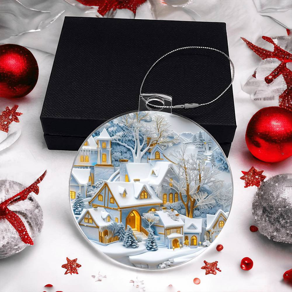 Blue Snow Covered Village Acrylic Christmas Ornament-[Heartfelt Family Gift]