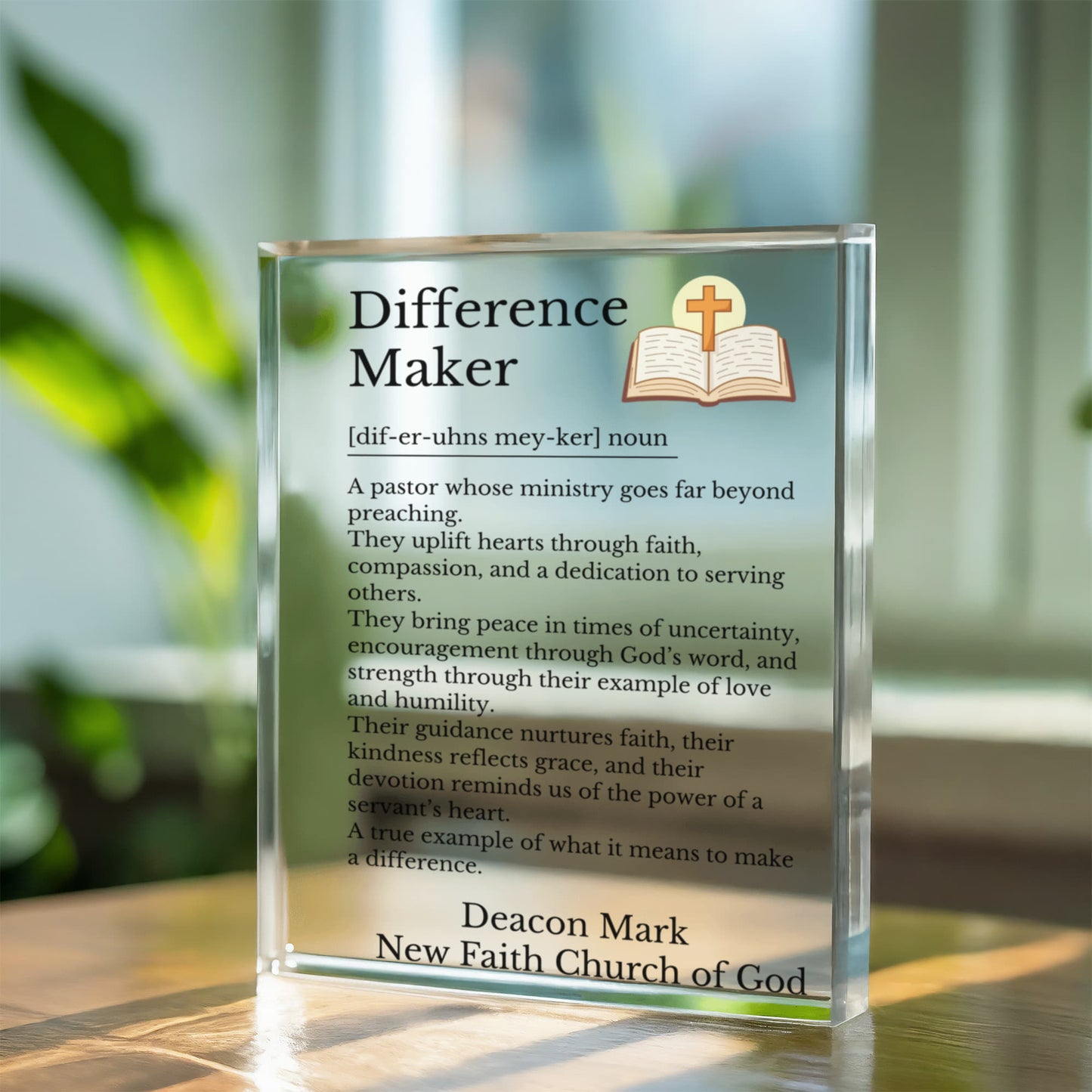 Reverend Pastor Retirement Plaque, Difference Maker Gift, Ordination Keepsake, Personalized Acrylic Block, Pastor Appreciation Gift