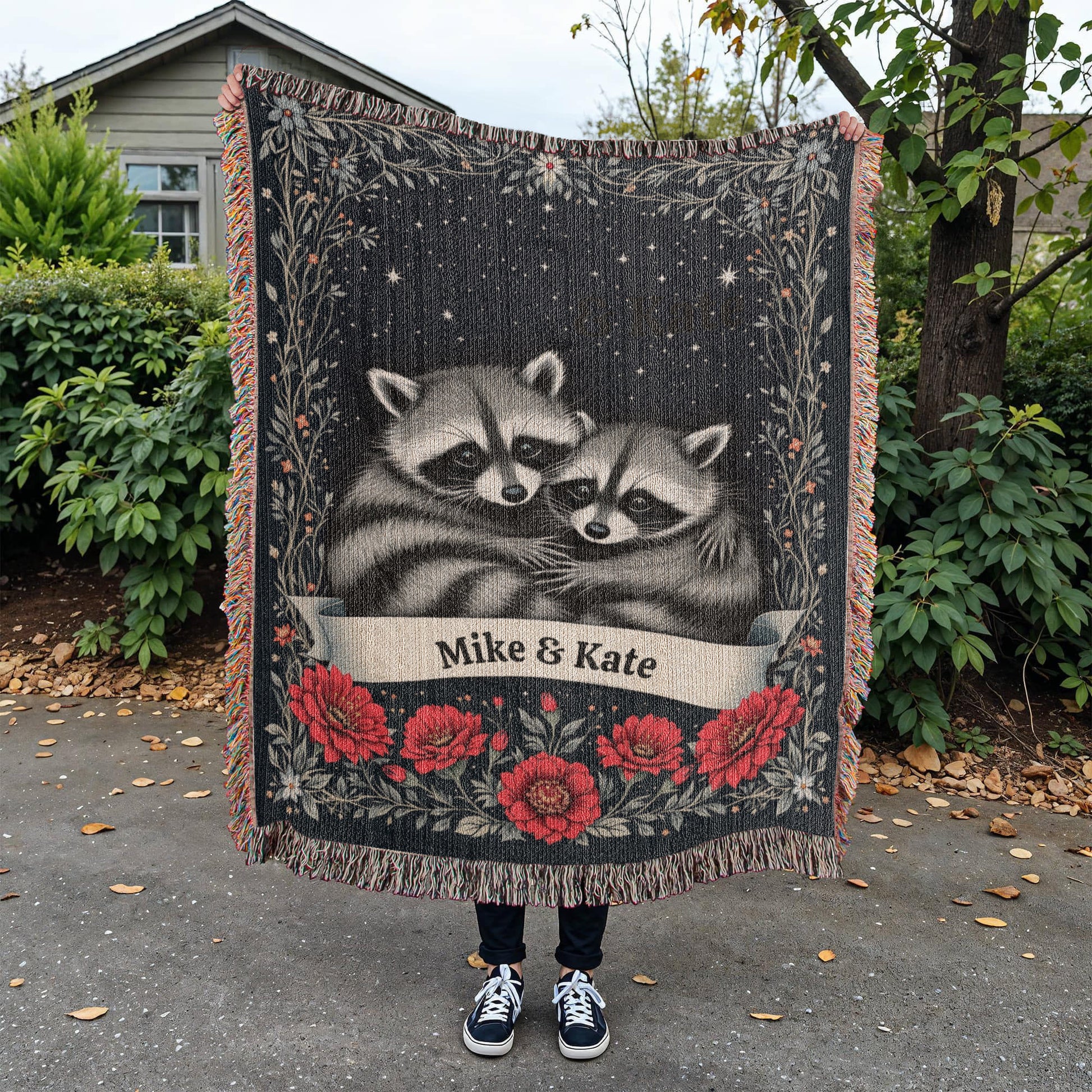 Personalized Raccoon Couple Woven Cotton Throw Blanket-[Heartfelt Family Gift]
