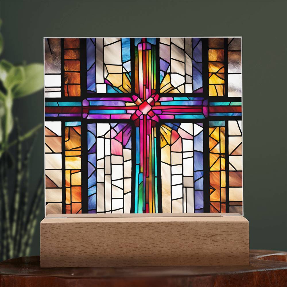 LED Acrylic Cross - Baptism Easter and Confirmation Gift - Faux Stained Glass Decor