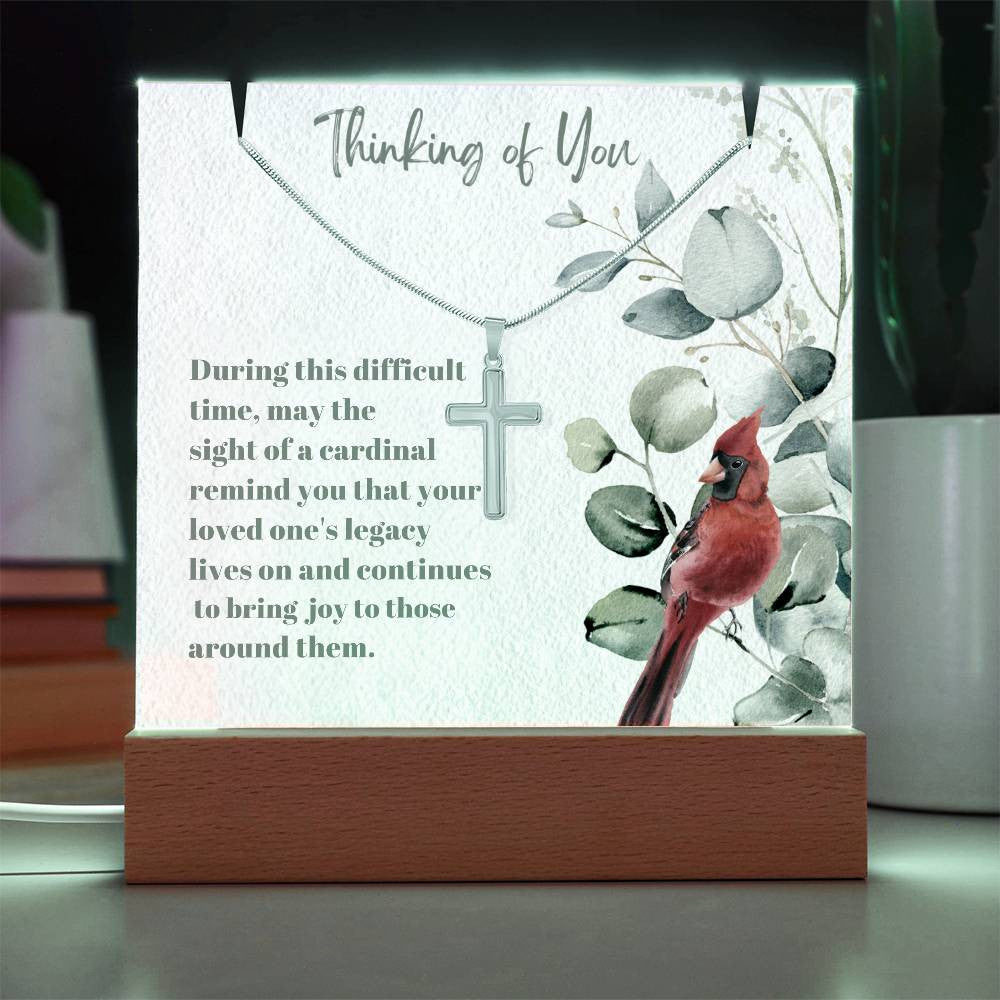 Cardinal Remembrance  Cross Necklace and Acrylic Memorial Plaque-[Heartfelt Family Gift]