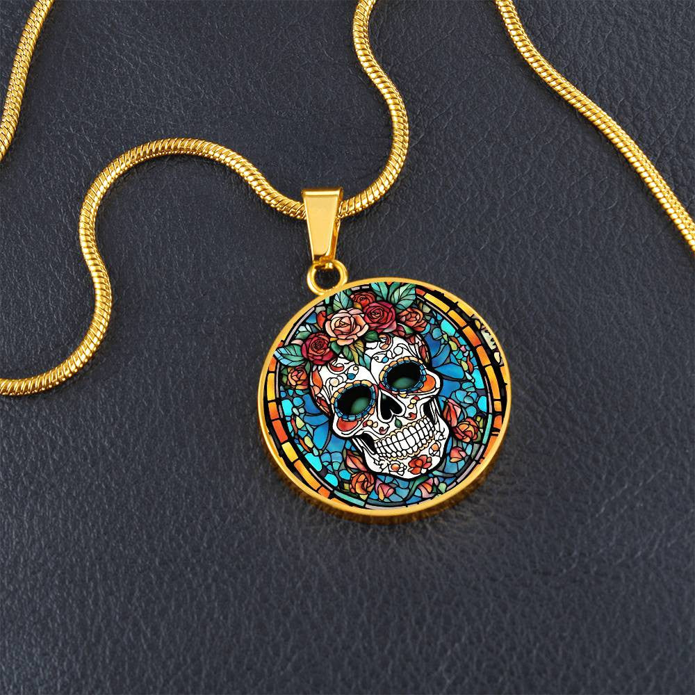 Mexican Sugar Skull Calavera  Round Pendant Necklace in Gold or silver-[Heartfelt Family Gift]