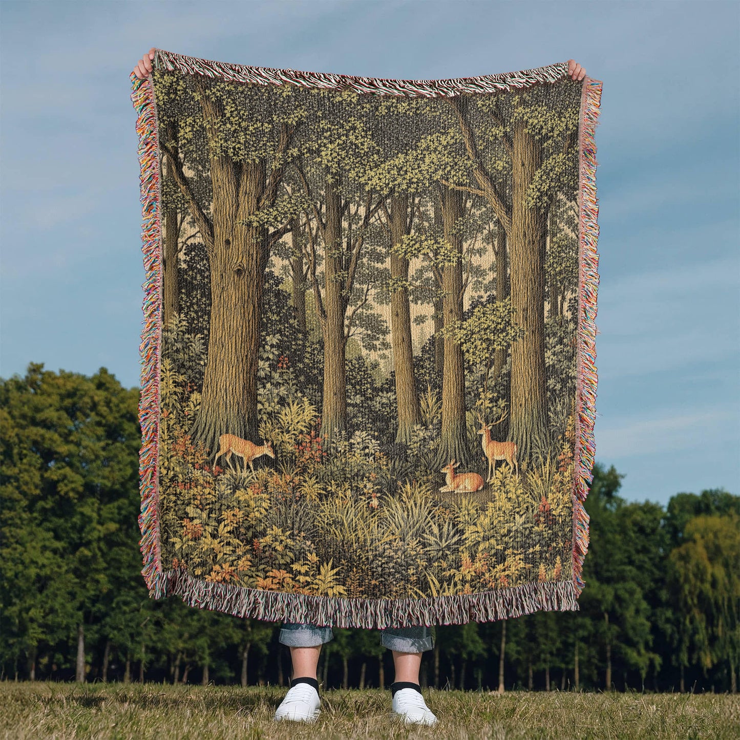 Forestcore Deer Woven Cotton Throw-[Heartfelt Family Gift]