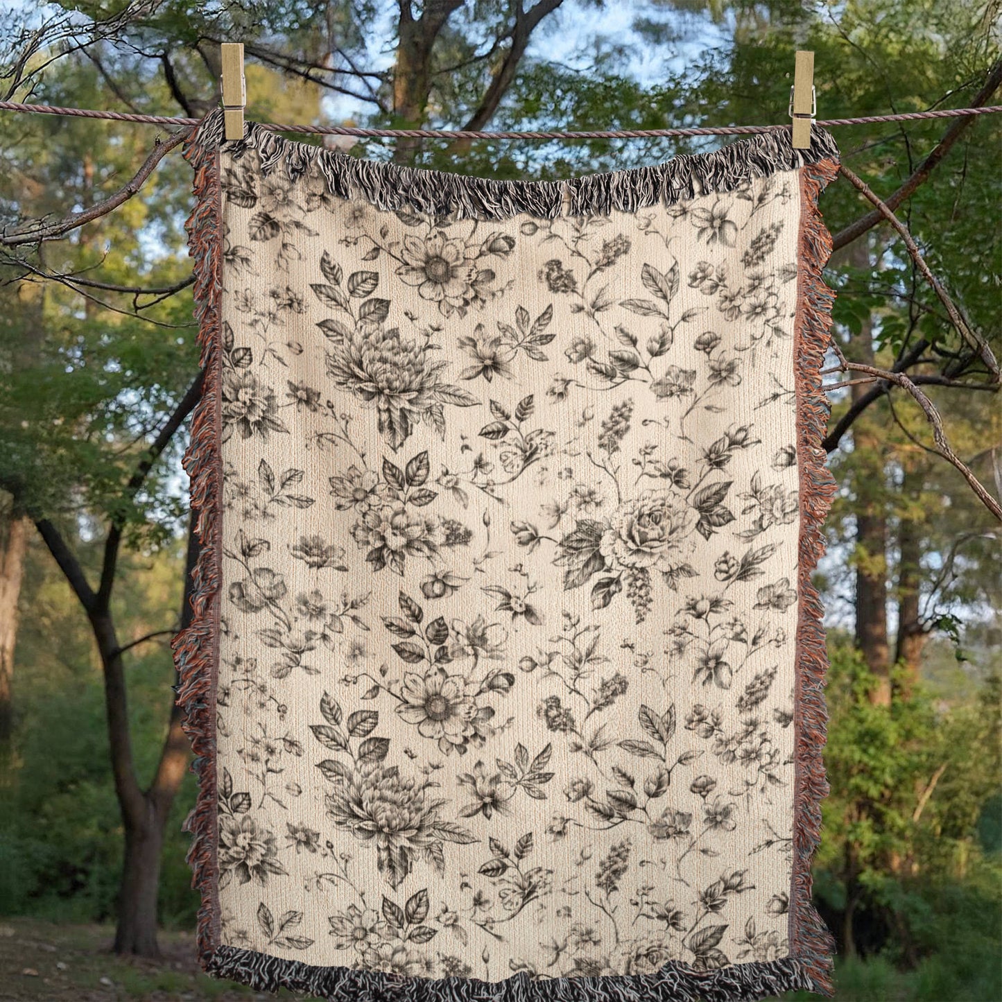 Toile de Jouy Woven Blanket, Blue Floral Tapestry Throw, French Country Decor, Floral Pattern Blanket, Gift for Loved Ones