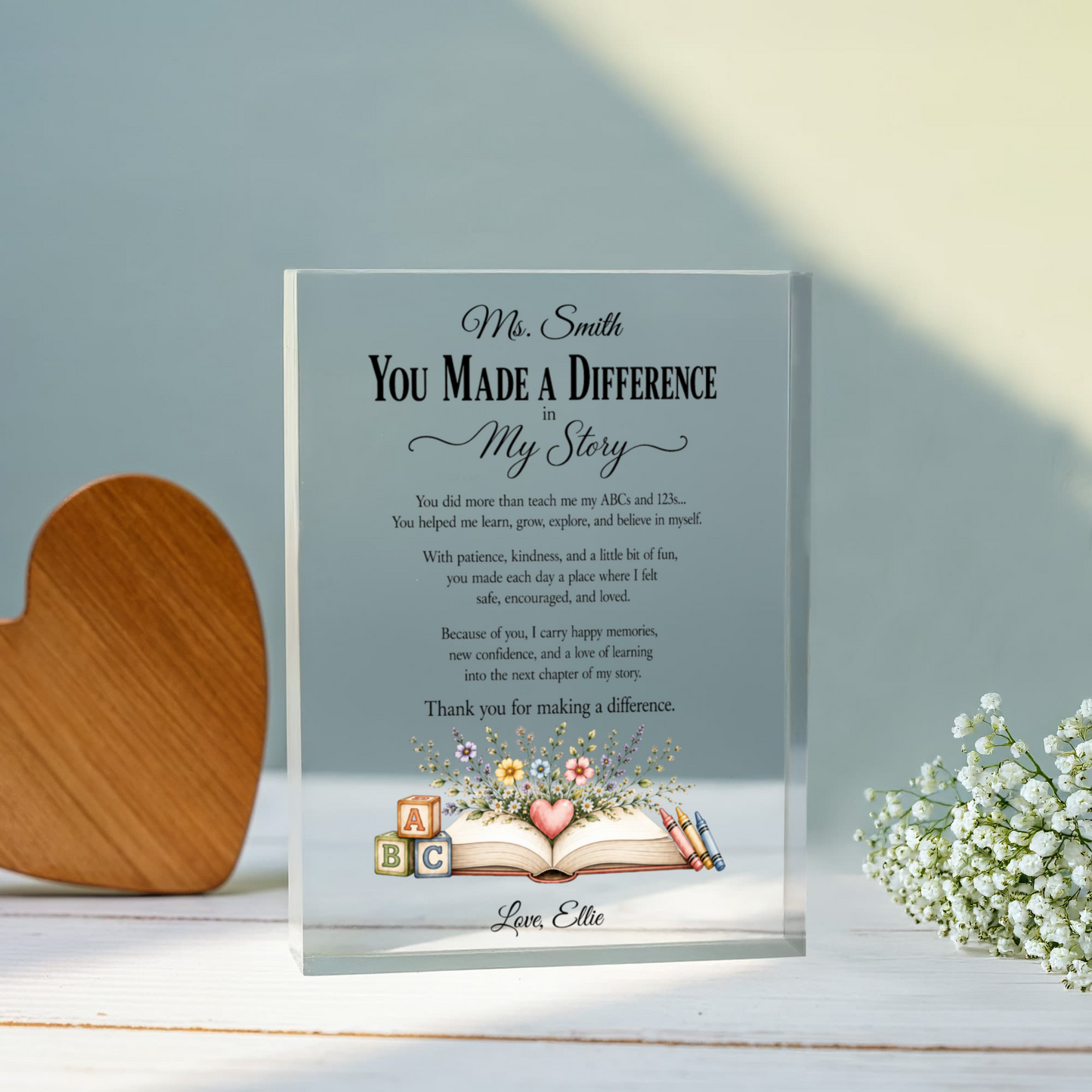 Preschool Daycare Teacher Appreciation Gift, You Made a Difference Acrylic Plaque, Thank You Teacher Keepsake, Educator Christmas Gift