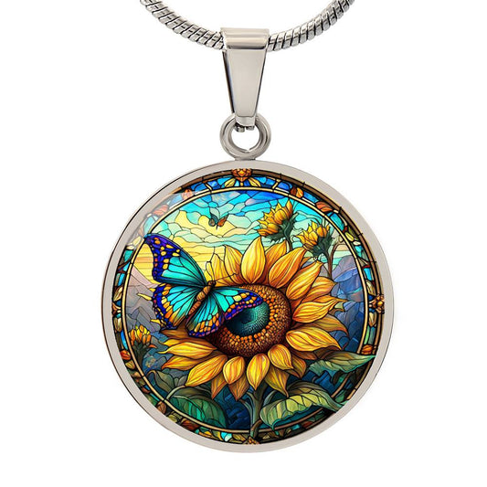 Sunflower Round Pendant Necklace in Gold or silver-[Heartfelt Family Gift]
