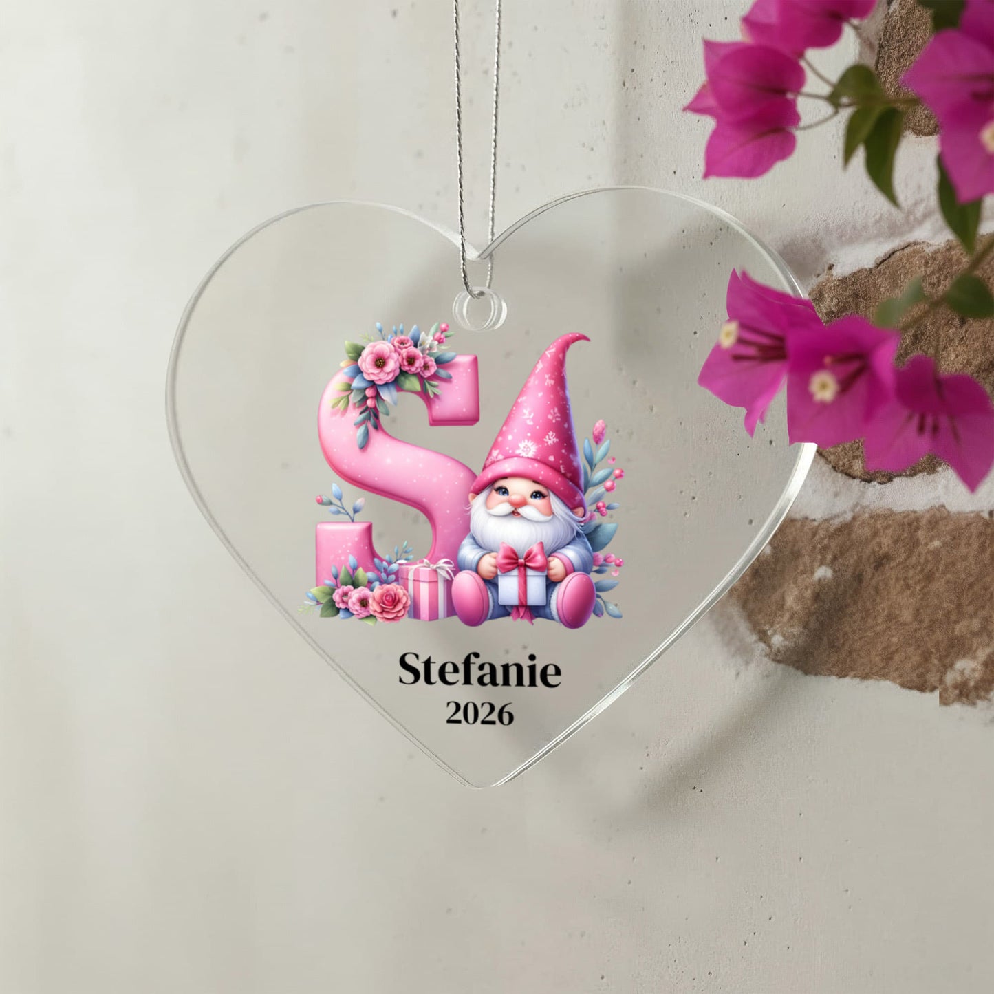 Personalized Heart Ornament, Pink Gnome Christmas Gift, Custom Holiday Decoration, Galentine's Heart Gift for Friend, Monogram, Initial