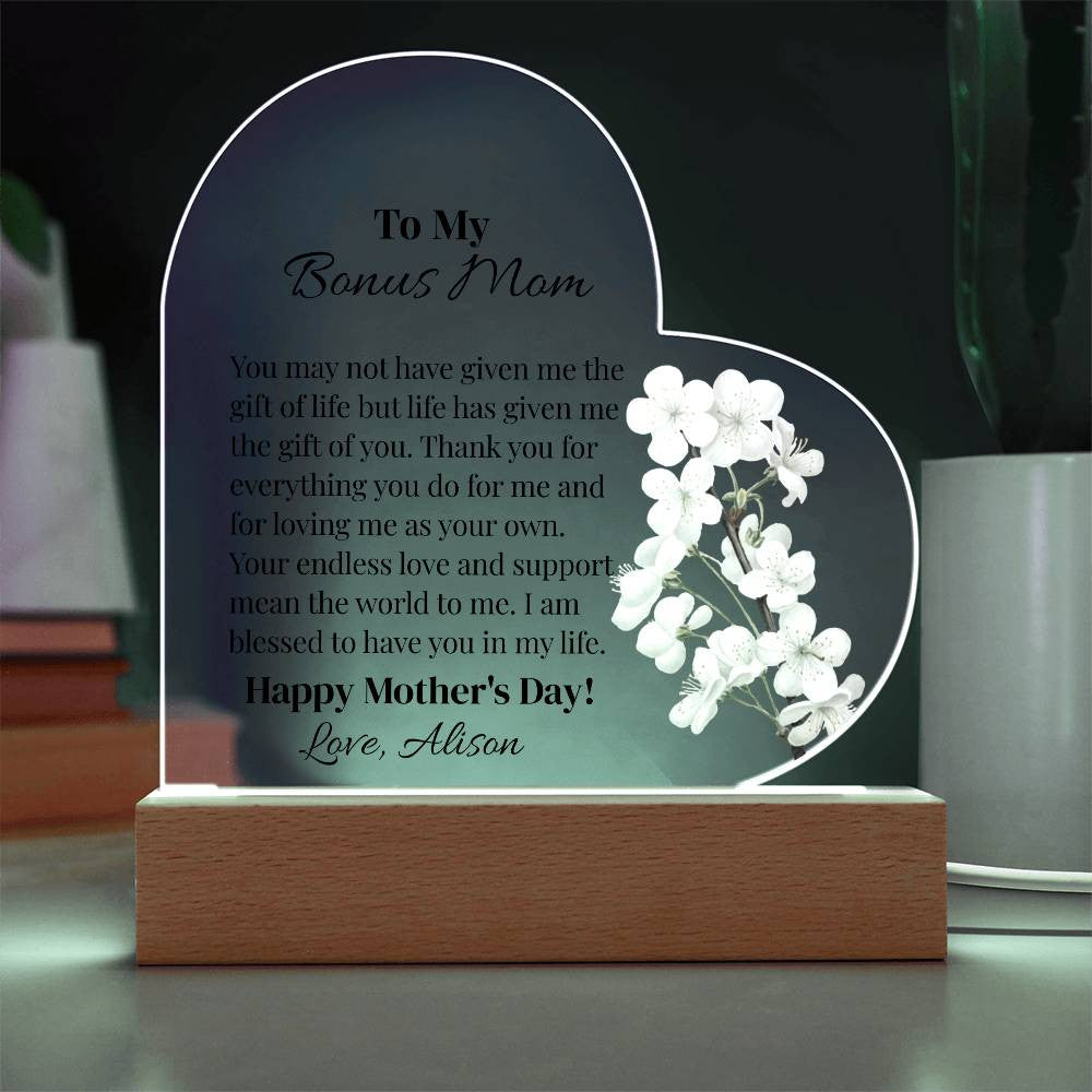 To My Bonus Mom Acrylic Heart Plaque Gift