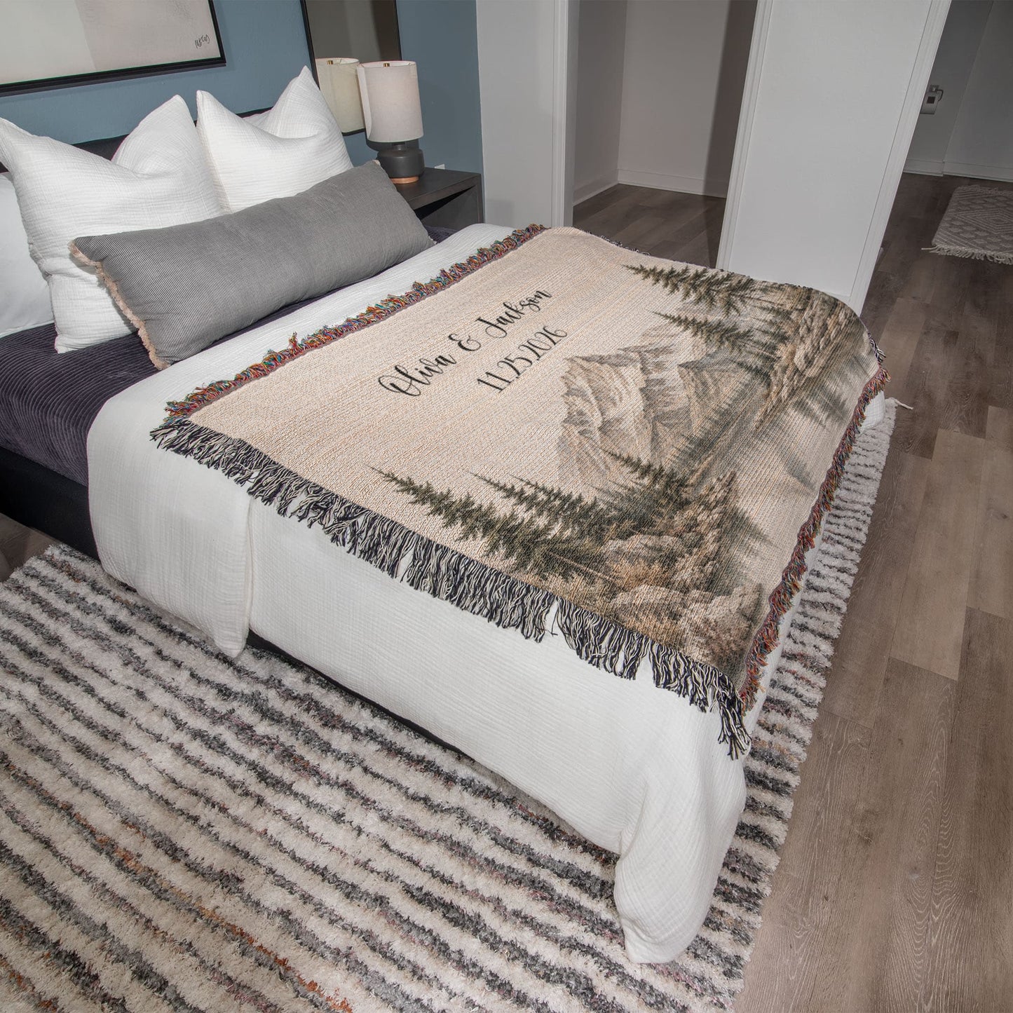 Custom Couples Woven Blanket, Personalized Wedding Gift with Names and Date, Mountain Forest Throw, Anniversary Gift 100% Cotton