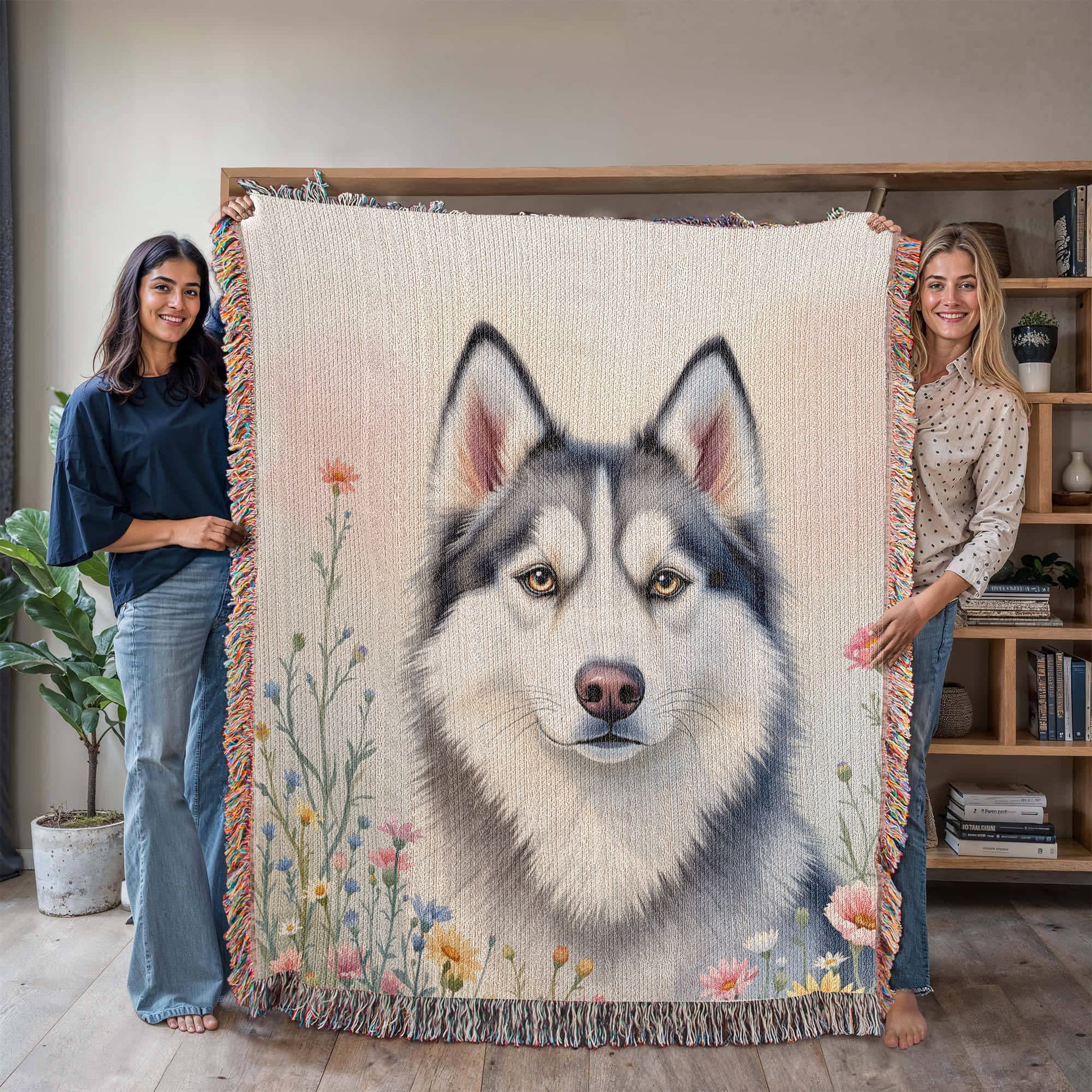 Husky Dog Wildflowers Woven Blanket-[Heartfelt Family Gift]
