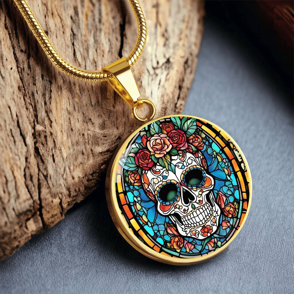 Mexican Sugar Skull Calavera  Round Pendant Necklace in Gold or silver-[Heartfelt Family Gift]