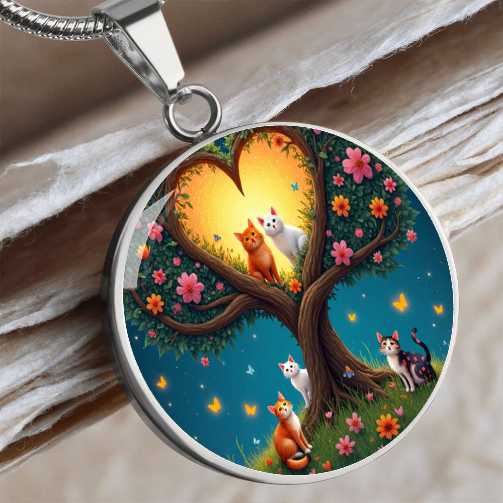 Personalized Cat Lover Pendant Necklace, Engraved Cat Jewelry, Unique Cat Gift, Heart-Shape Tree Design, Pet Memorial Jewelry, rainbow bridge