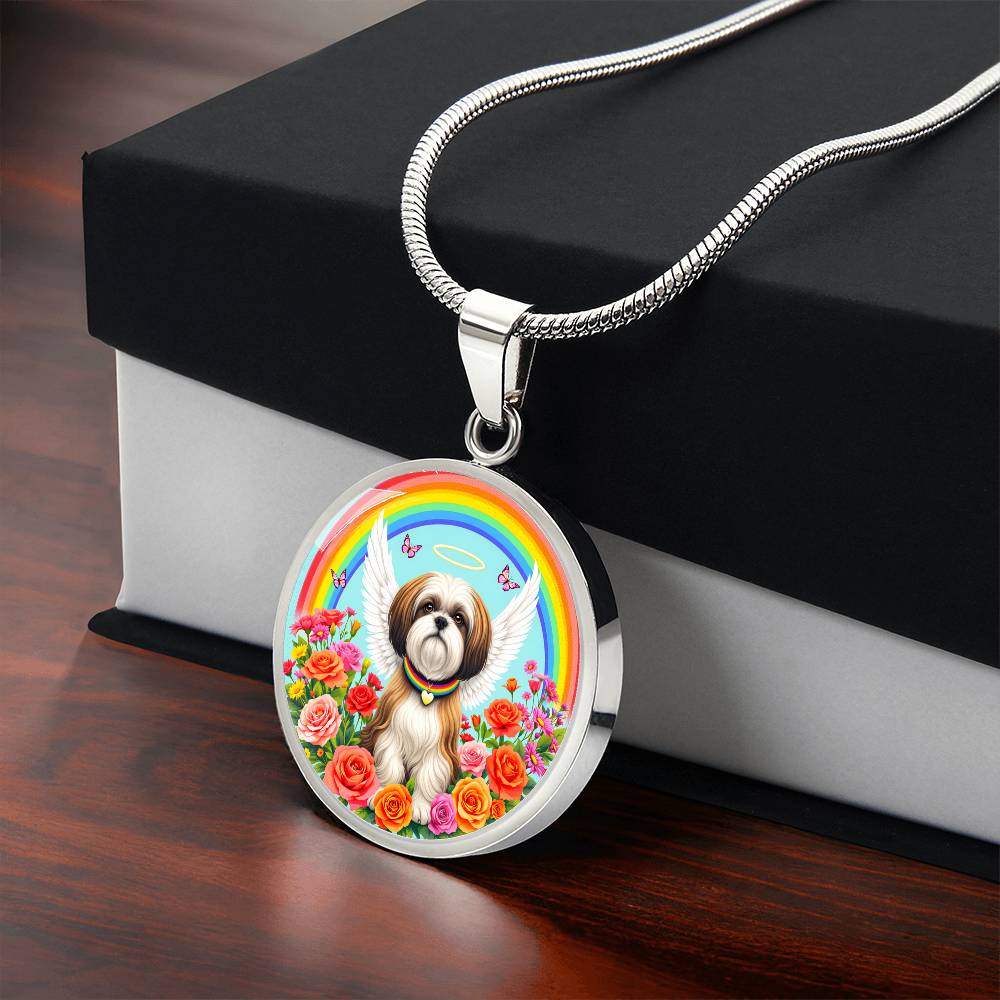 Shih Tzu Memorial Necklace with Rainbow Bridge, Personalized Pet Keepsake Pendant
