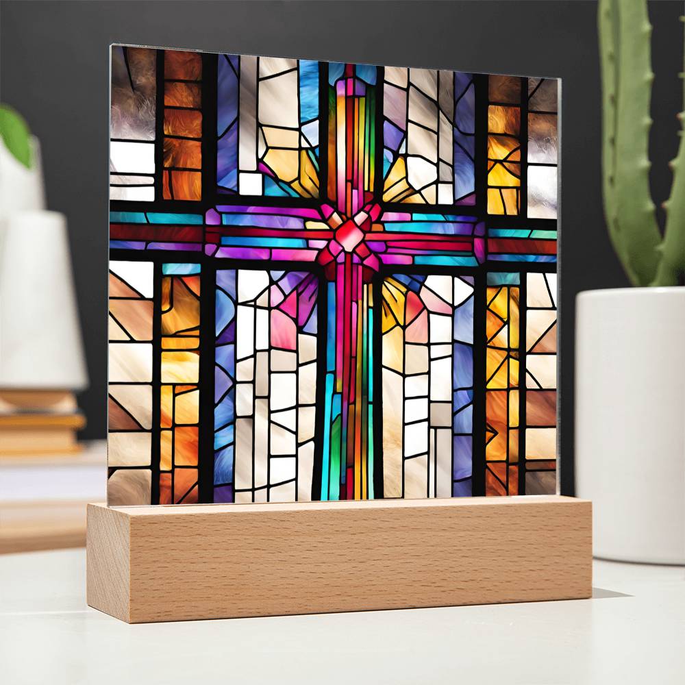 LED Acrylic Cross - Baptism Easter and Confirmation Gift - Faux Stained Glass Decor