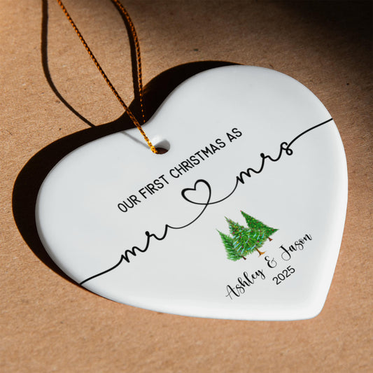 Ceramic Heart Ornament, First Christmas Ornament, Elegant Holiday Decor, Mr and Mrs Keepsake, Personalized Couple Ornament, New Year Gift