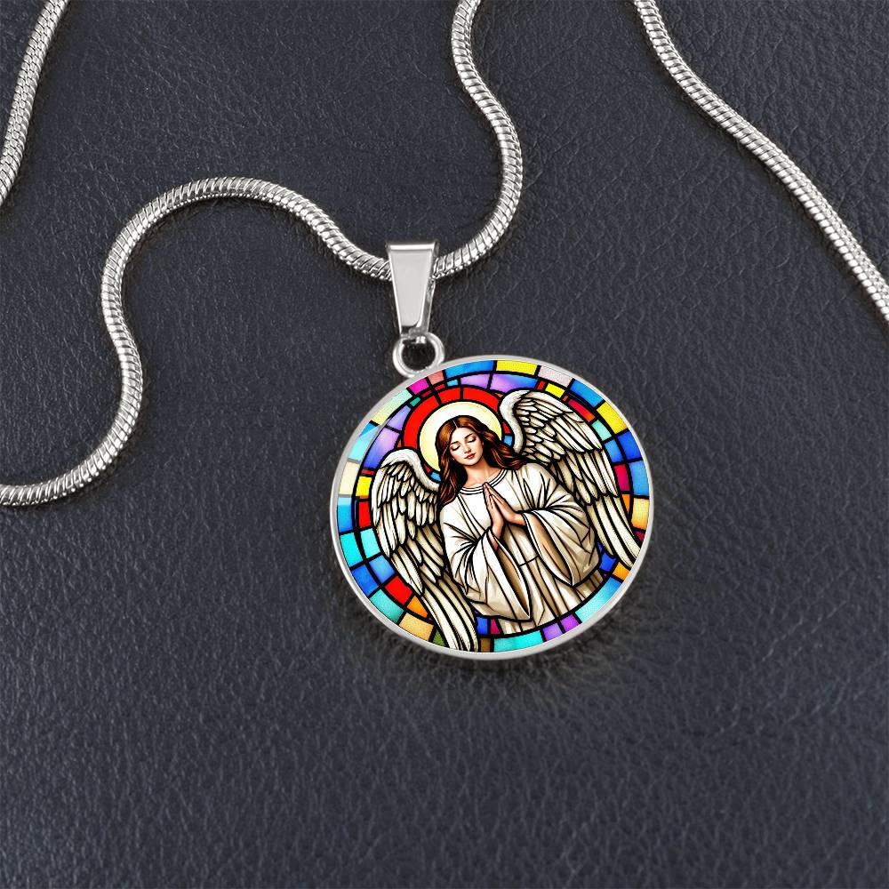 Guardian Angel Faux Stain Glass Pendant Necklace