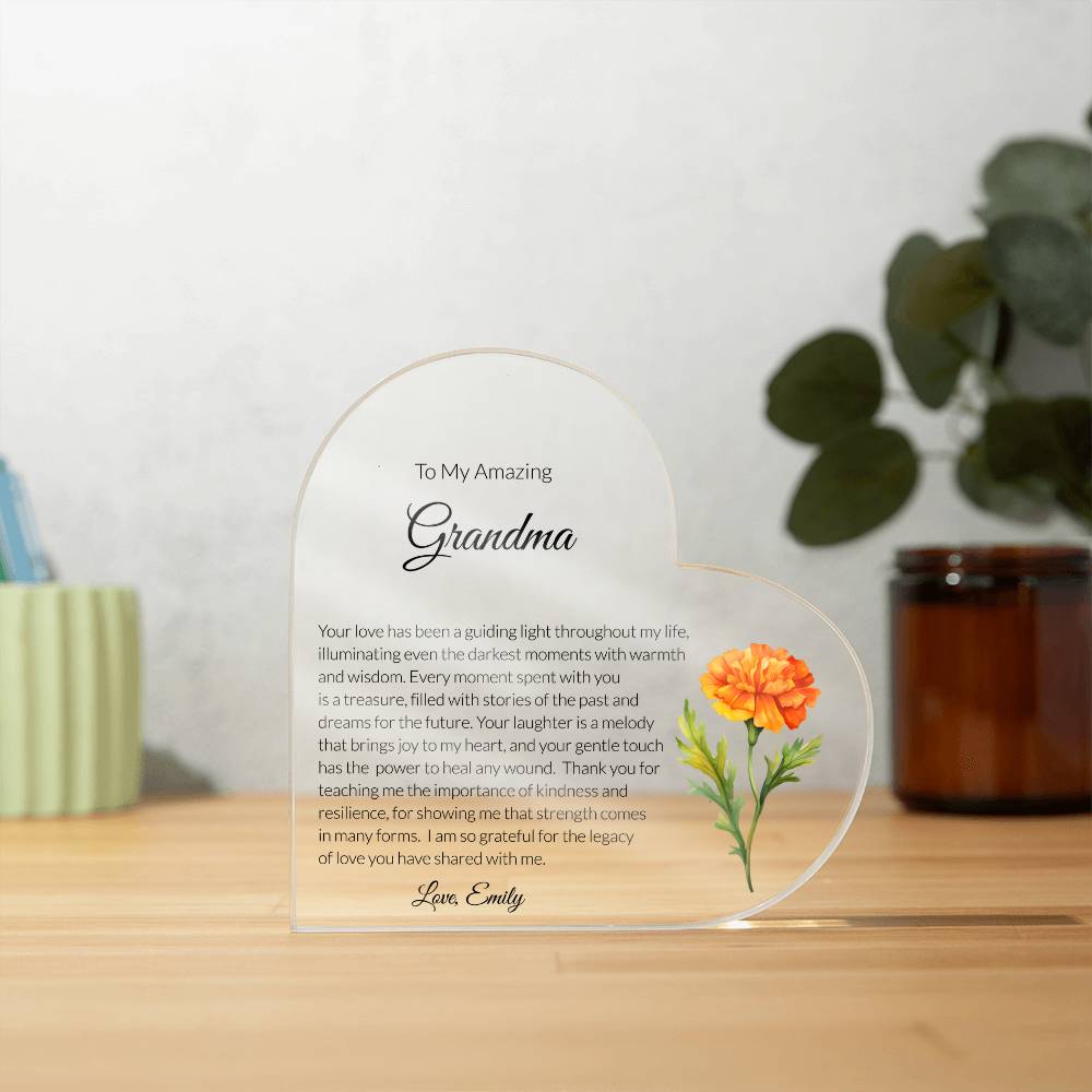 Grandma Acrylic Heart Plaque with personalized birth flower