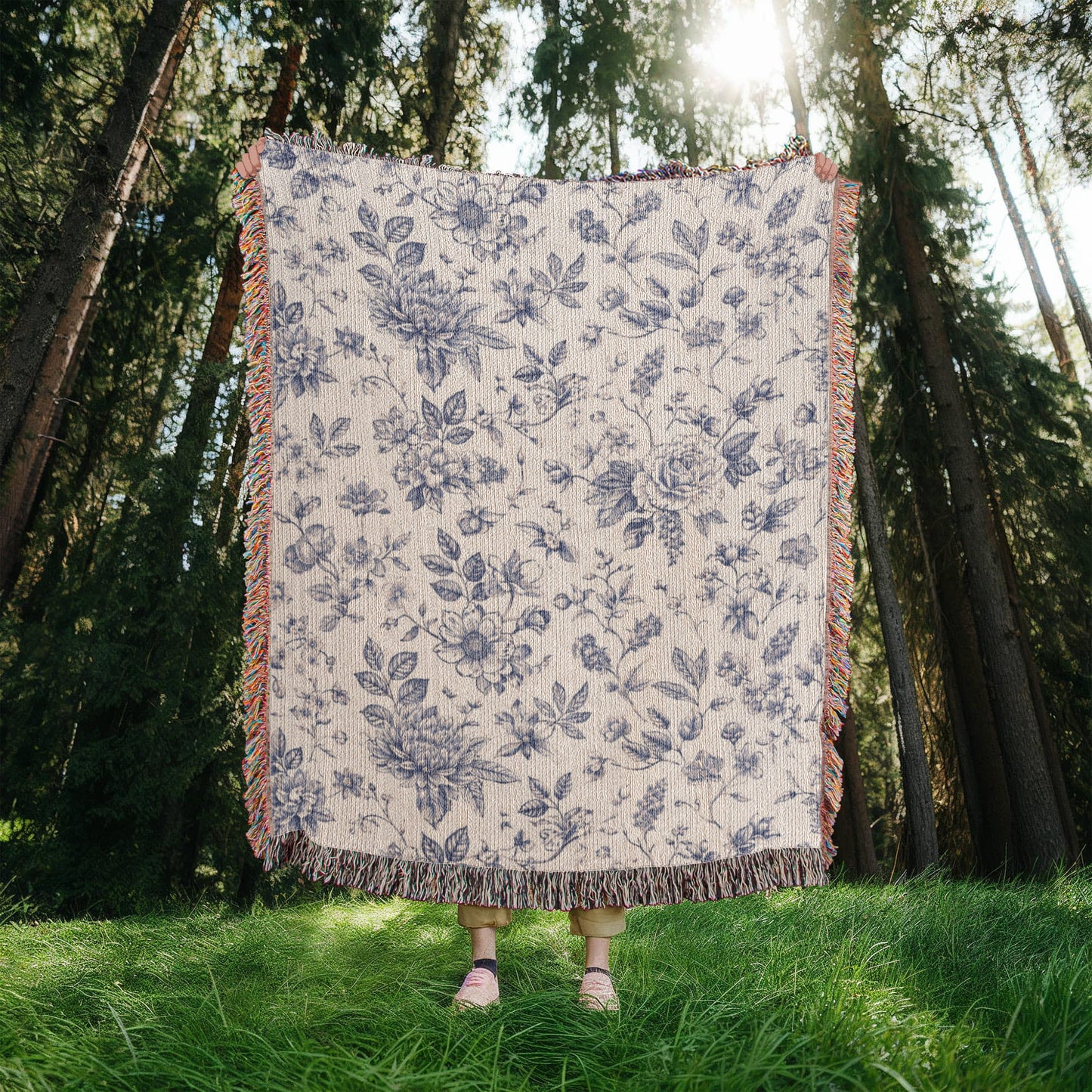Toile de Jouy Woven Blanket, Blue Floral Tapestry Throw, French Country Decor, Floral Pattern Blanket, Gift for Loved Ones