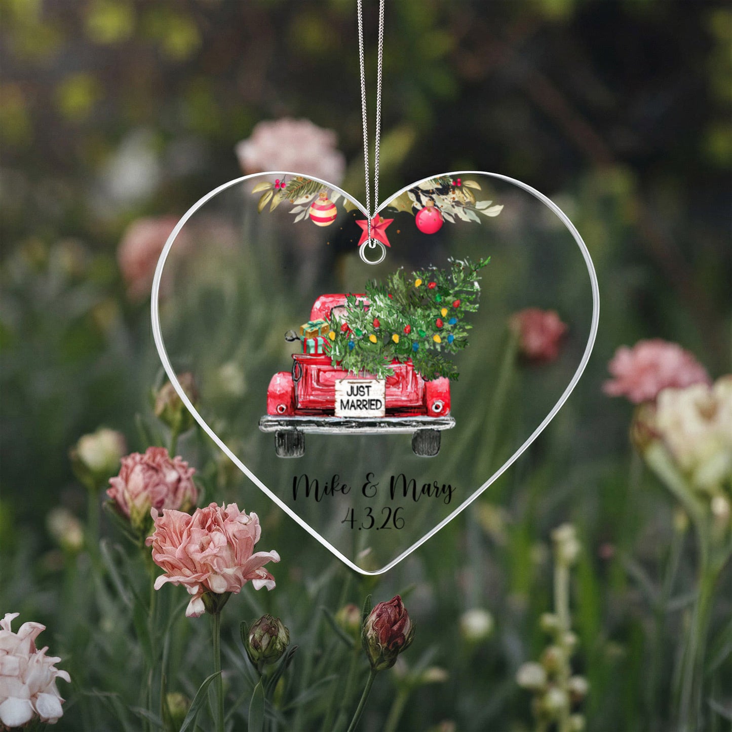 First Christmas Married Ornament, Personalized Acrylic Heart, Vintage Truck Keepsake, Newlywed Holiday Gift, Custom Wedding Ornament