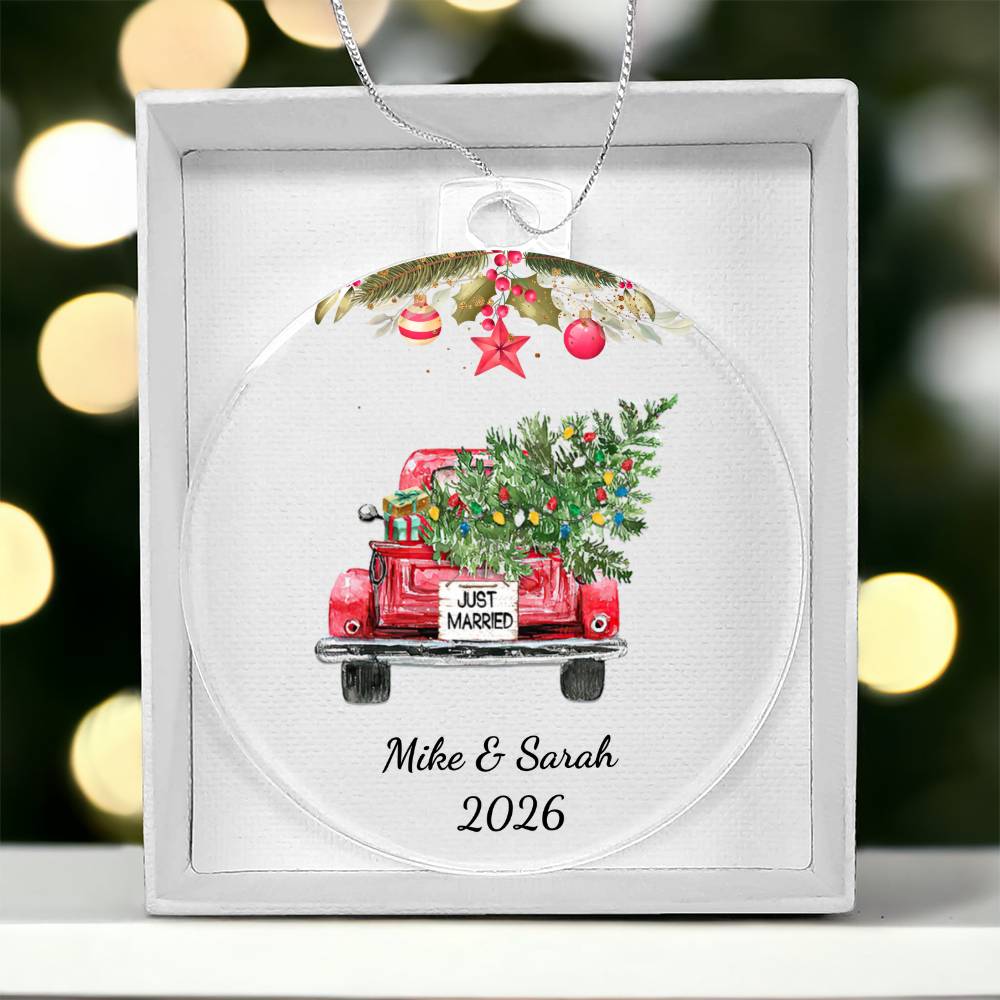 First Christmas Married Ornament, Personalized Acrylic Heart, Vintage Truck Keepsake, Newlywed Holiday Gift, Custom Wedding Ornament
