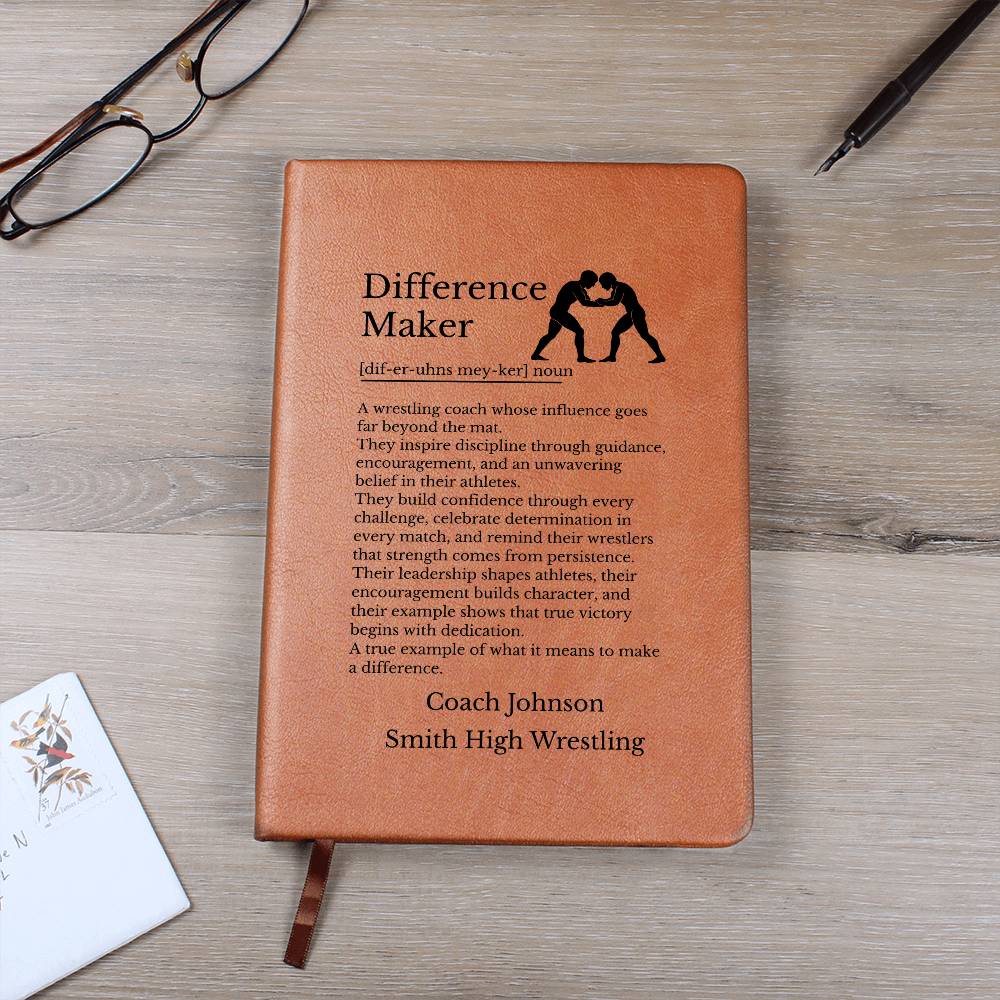 Wrestling Coach Gift, Difference Maker Vegan Leather Journal, Inspirational Notebook, Personalized Coach Appreciation