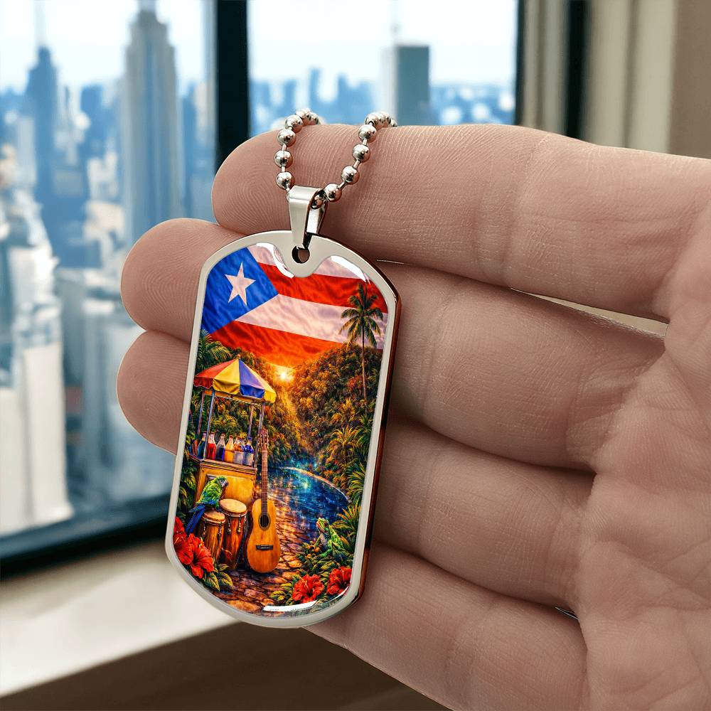 Engraved Puerto Rico Flag Latin American Culture Dog Tag Necklace or Keychain