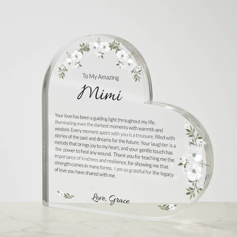 Mimi Acrylic Heart Plaque, Grandma Gift, Personalized Grandma Keepsake, Heartfelt Grandmother Tribute, Mother's Day Gift for Mimi