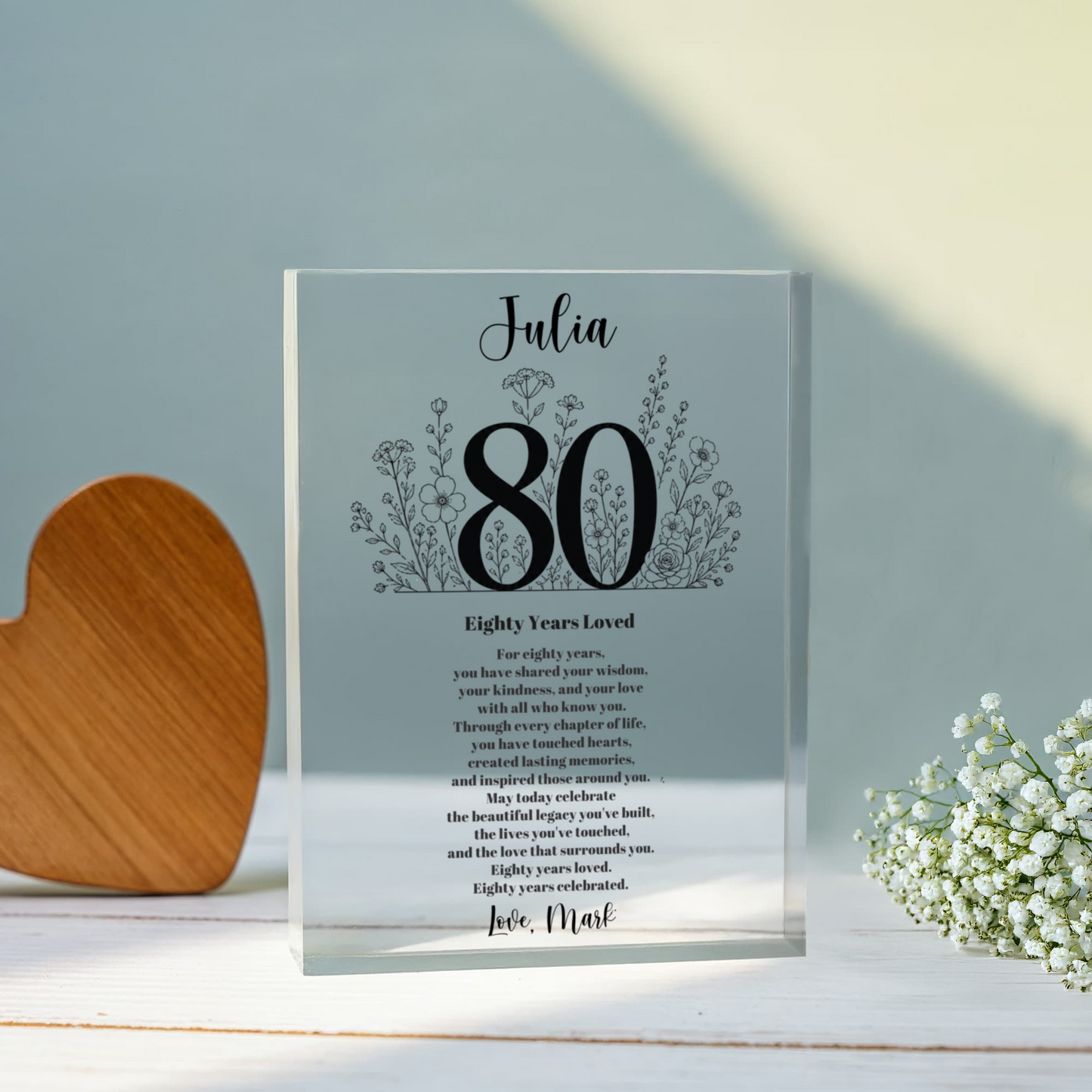 80th Birthday Plaque, Personalized Acrylic Keepsake Gift for Mom, Eighty Years Loved