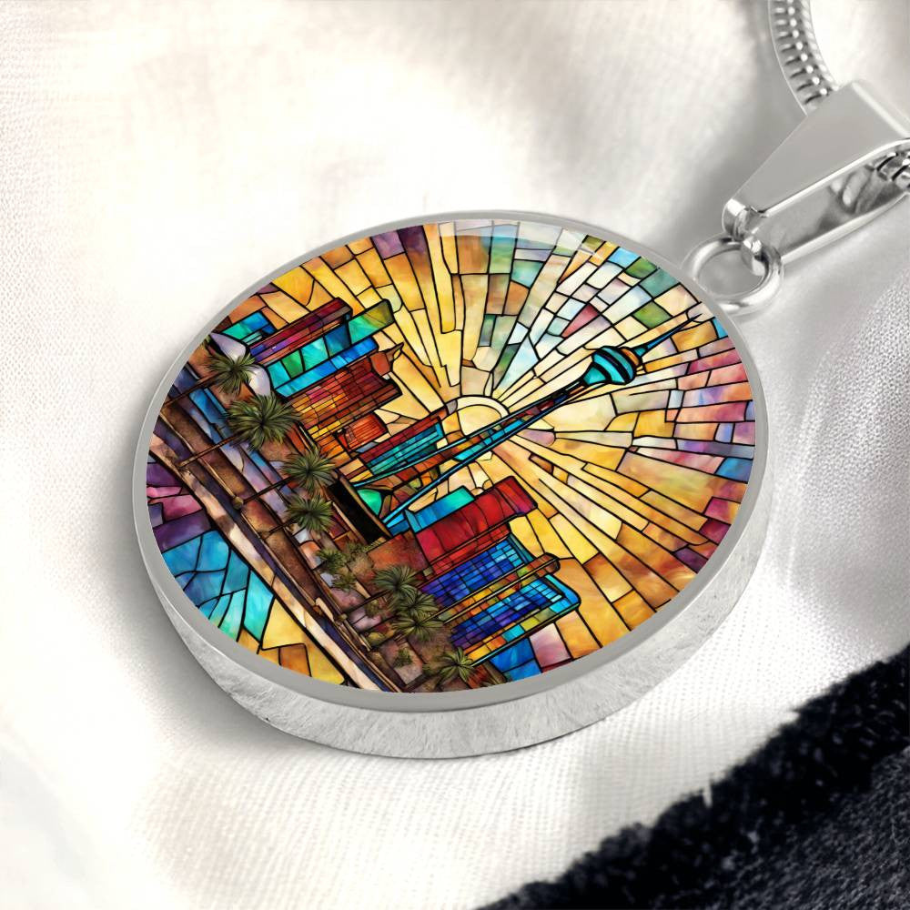 Las Vegas Skylight Stained Glass Look Round Pendant Necklace in Gold or silver-[Heartfelt Family Gift]