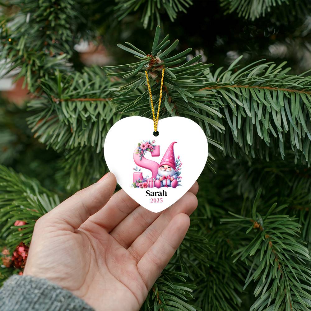 Personalized Heart Ornament, Pink Gnome Christmas Gift, Custom Holiday Decoration, Galentine's Heart Gift for Friend, Monogram, Initial