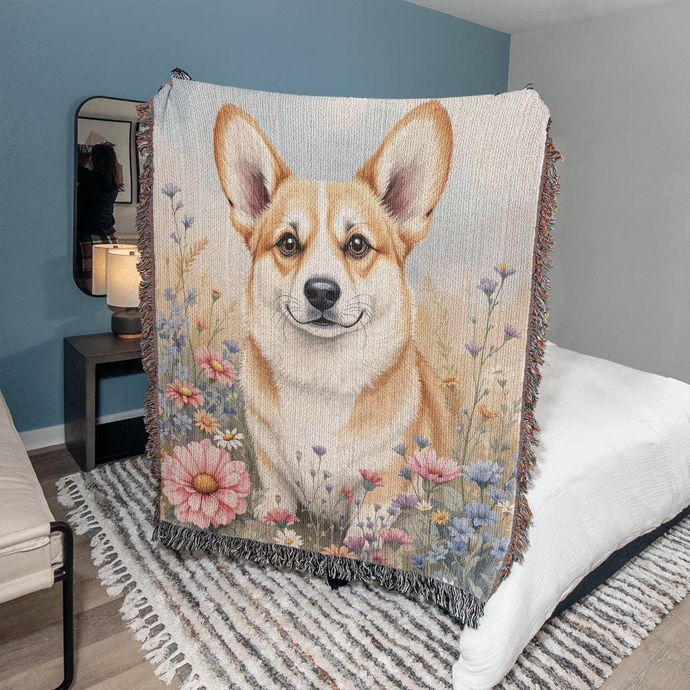 Corgi Dog WIldflower Woven Cotton Blanket-[Heartfelt Family Gift]