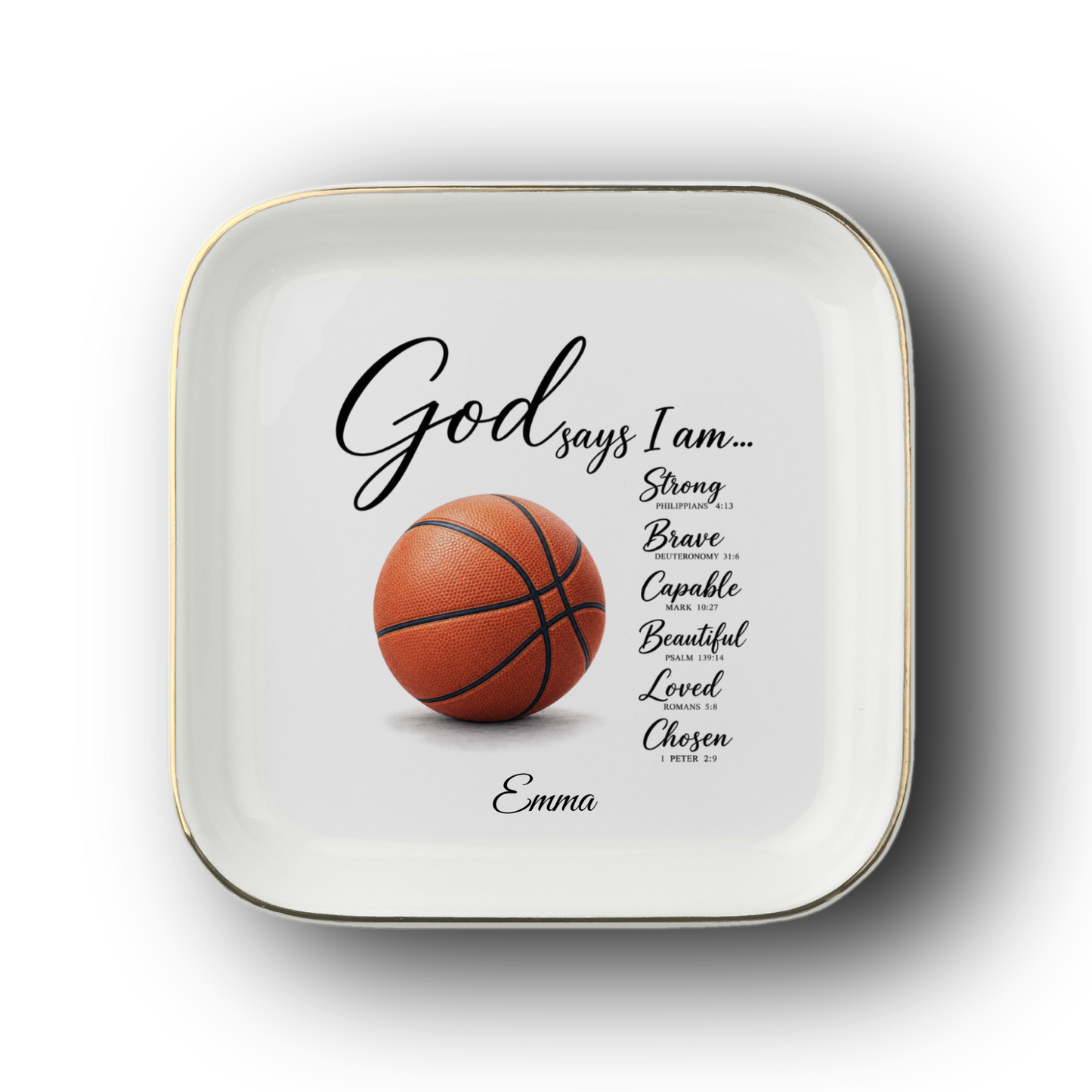 Personalized Christian Basketball Jewelry Dish, Faith Gift for Basketball Player, Encouragement Keepsake, God Says I Am Trinket Tray