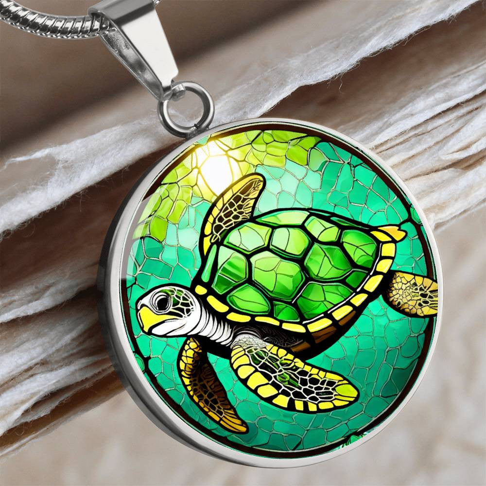 Sea Turtle Round Pendant Necklace in Gold or silver-[Heartfelt Family Gift]