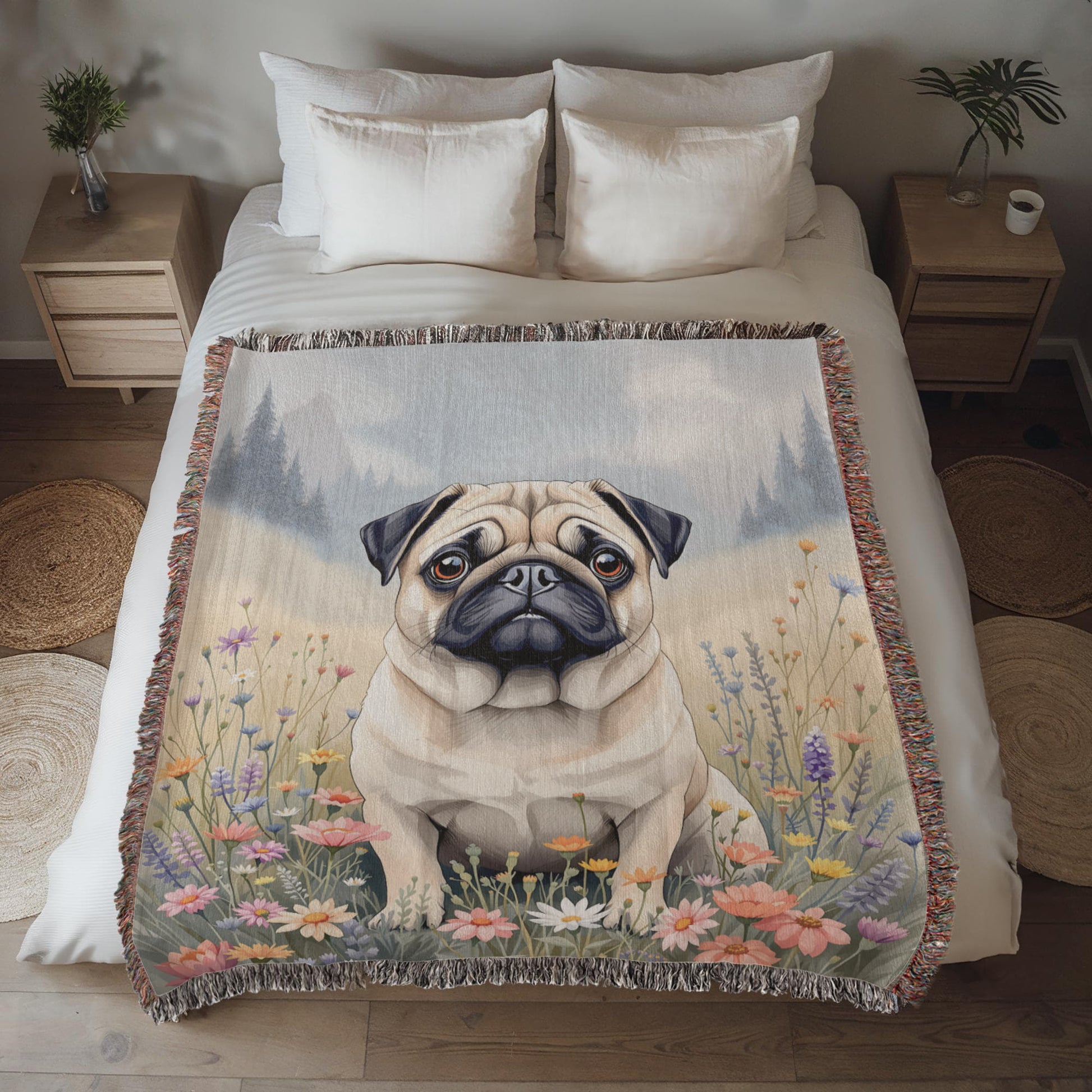 Pug Wildflower Woven Cotton throw Blanket-[Heartfelt Family Gift]