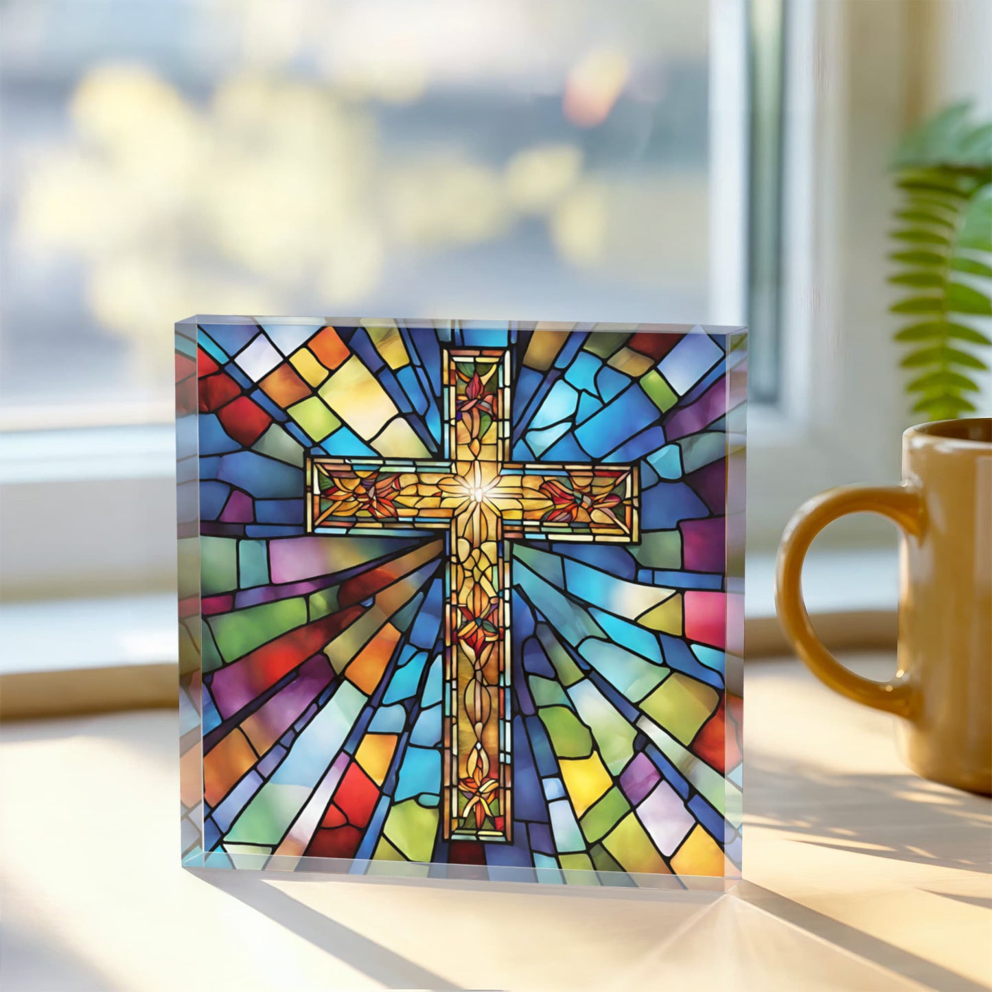 Cross Stained Glass Style Acrylic Block