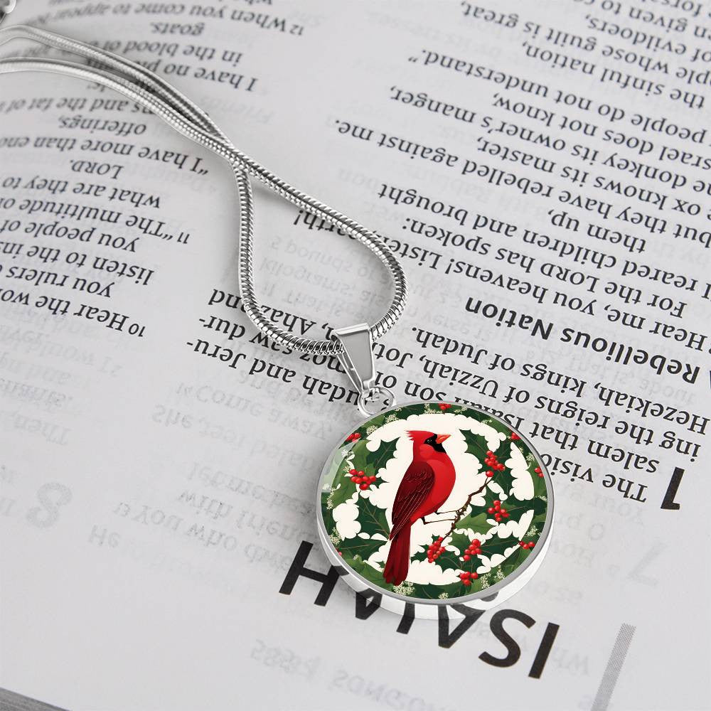 Cardinal and Hollyberry Necklace December Birthday Christmas Pendant-[Heartfelt Family Gift]