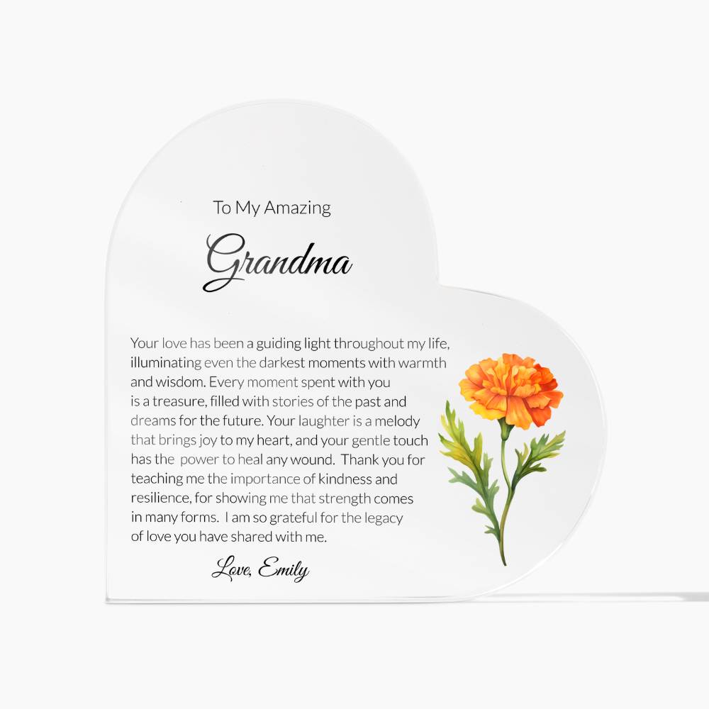 Grandma Acrylic Heart Plaque with personalized birth flower