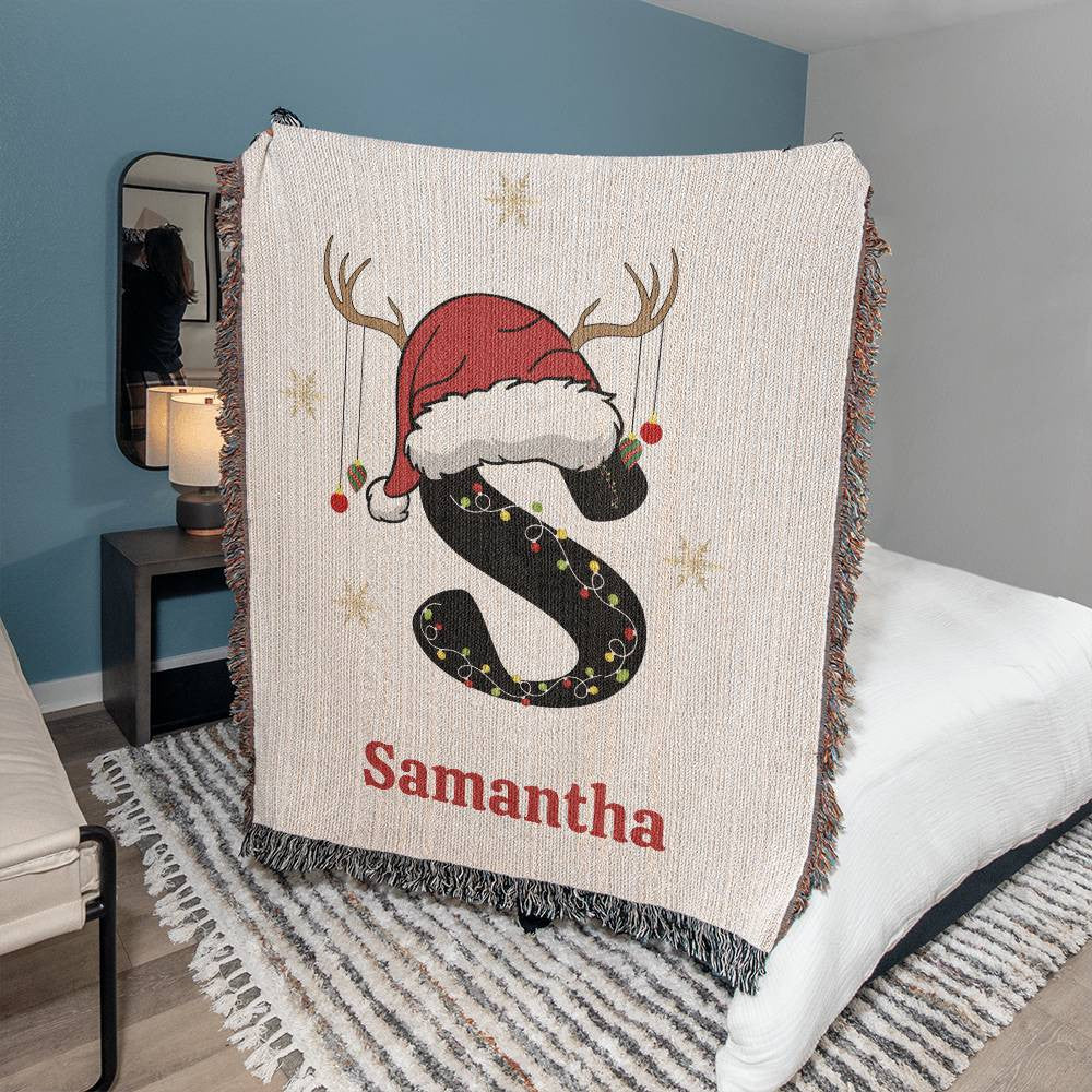 Christmas Lights Name Initial Woven Blanket-[Heartfelt Family Gift]