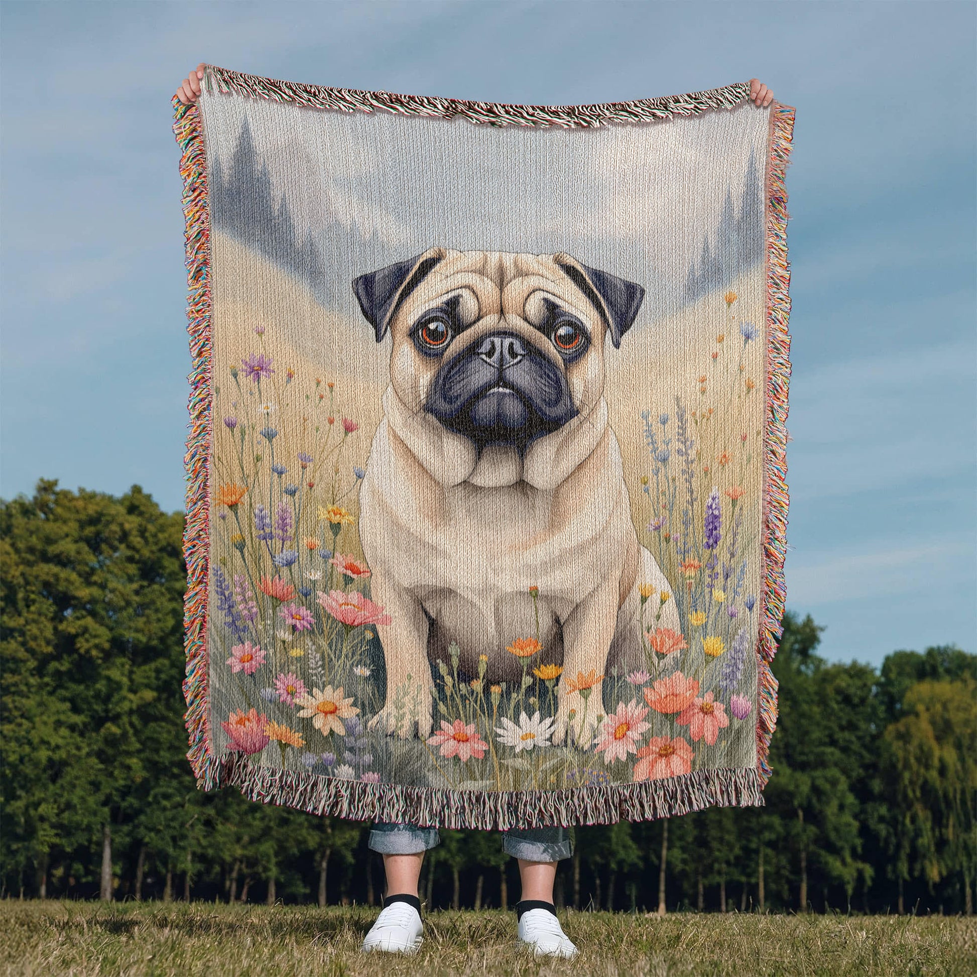 Pug Wildflower Woven Cotton throw Blanket-[Heartfelt Family Gift]