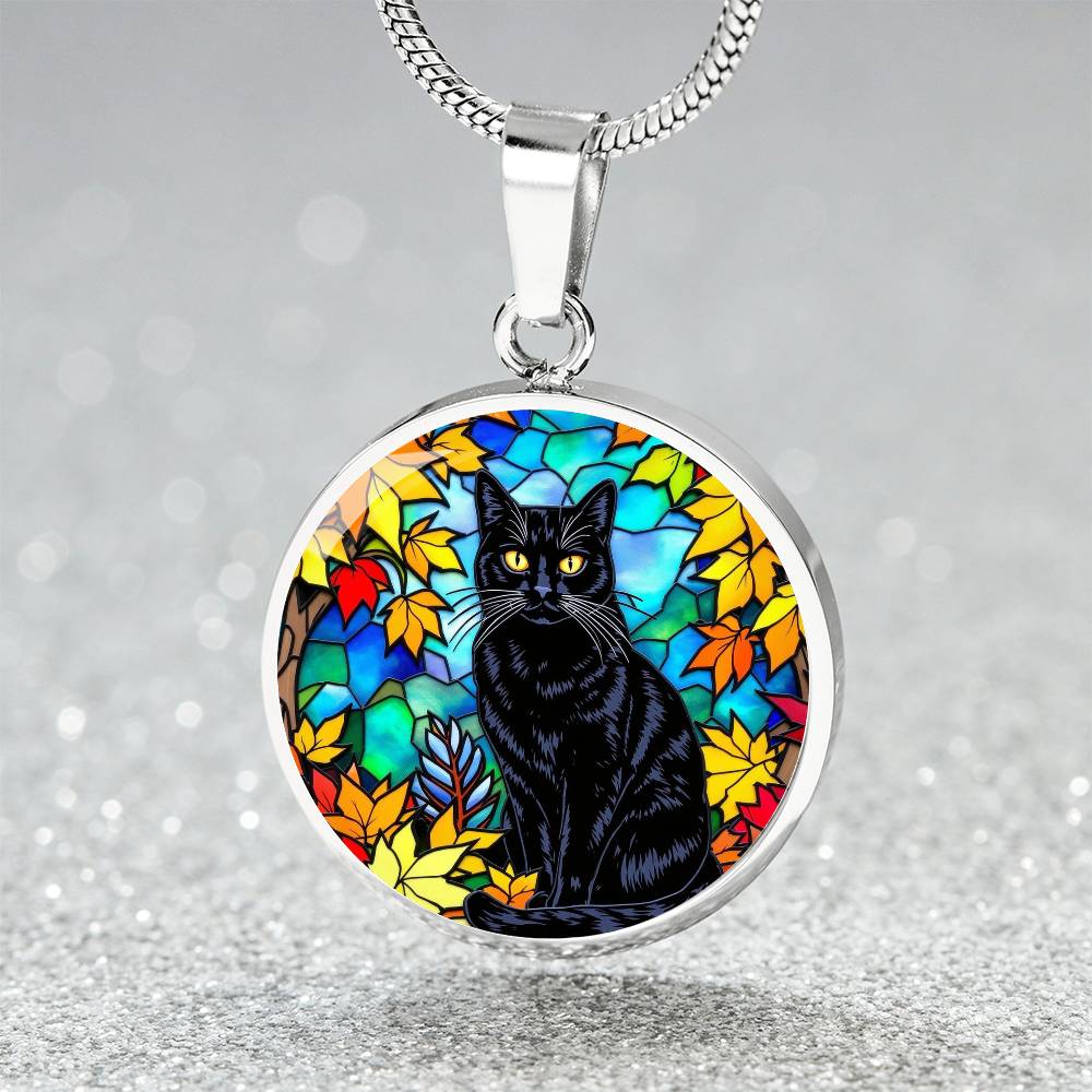 Fall Black Cat Pendant Necklace, Stained Glass Style, Autumn Leaves Jewelry, Cat Lover Gift, Halloween Statement Necklace, Unique Cat Pendant, Artistic Accessory