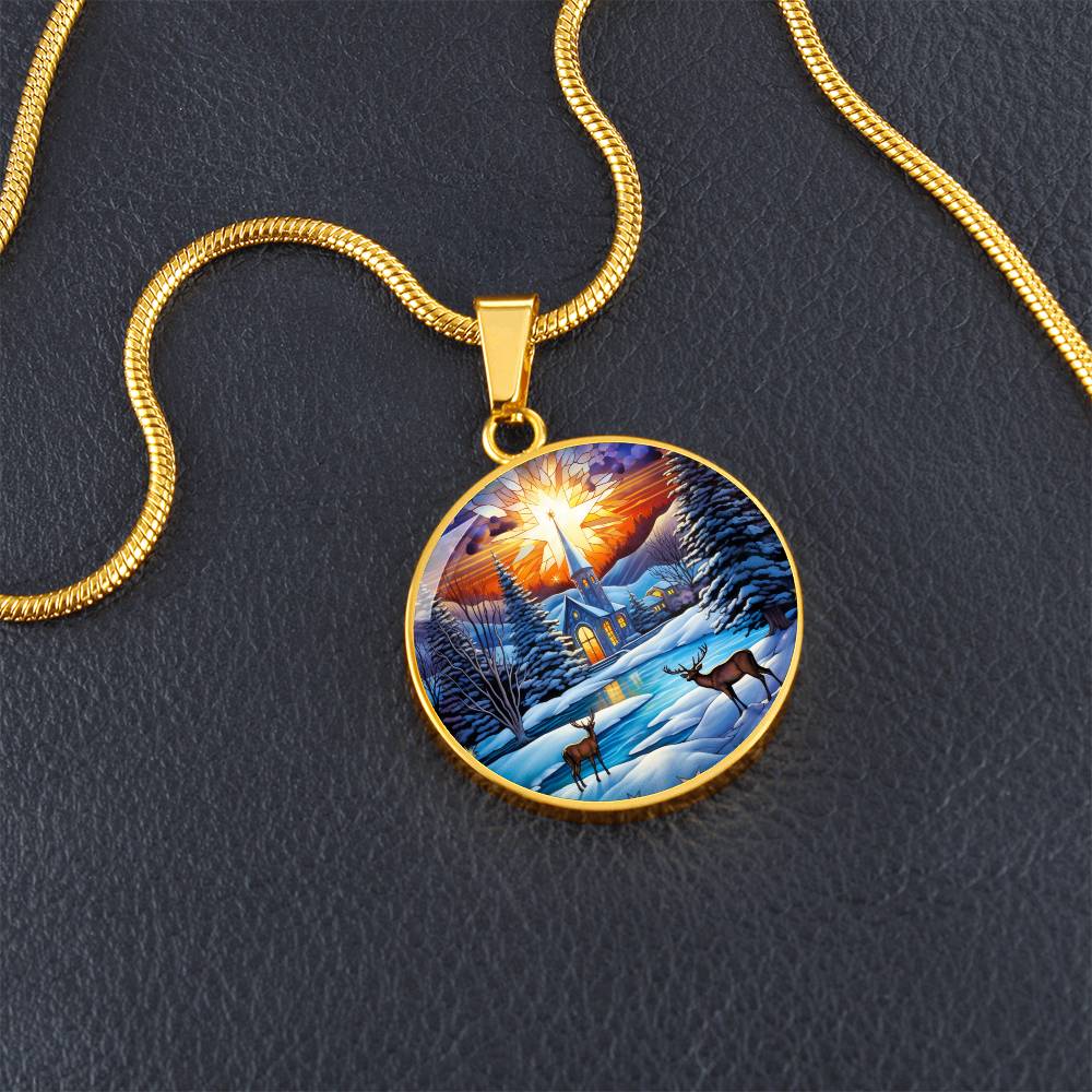 Snowy Church and Deer Pet Necklace