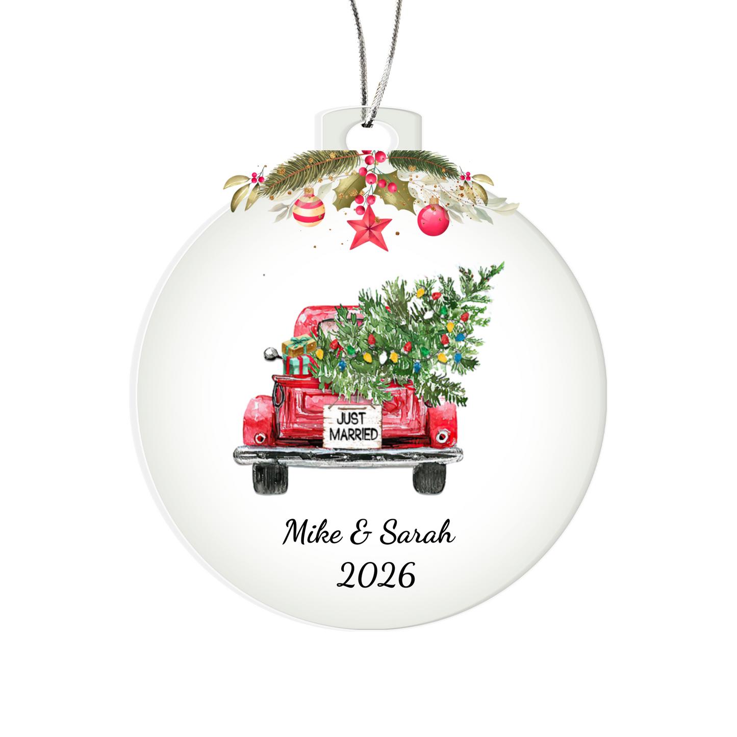 First Christmas Married Ornament, Personalized Acrylic Heart, Vintage Truck Keepsake, Newlywed Holiday Gift, Custom Wedding Ornament