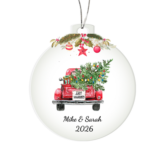 First Christmas Married Ornament, Personalized Acrylic Heart, Vintage Truck Keepsake, Newlywed Holiday Gift, Custom Wedding Ornament