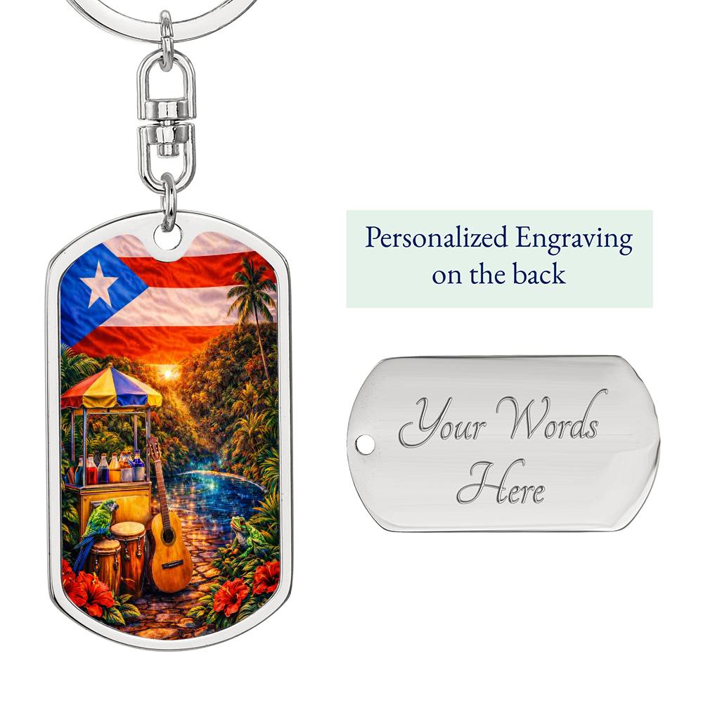 Engraved Puerto Rico Flag Latin American Culture Dog Tag Necklace or Keychain