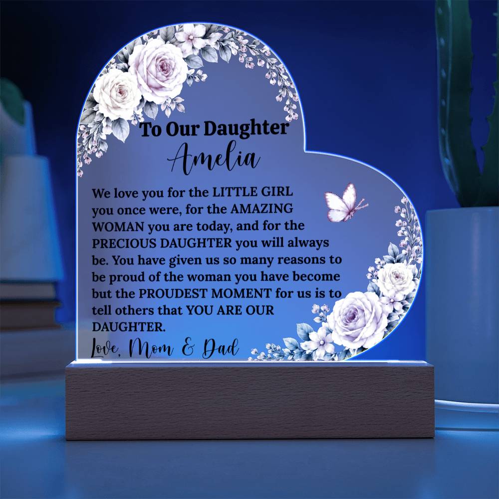 Daughter Lighted Heart Gift, Acrylic Plaque with LED Base, Color-Changing Heart for Birthday, Graduation Keepsake, Wedding Gift