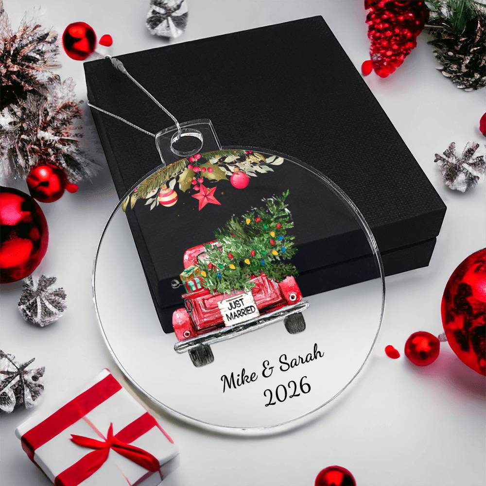 First Christmas Married Ornament, Personalized Acrylic Heart, Vintage Truck Keepsake, Newlywed Holiday Gift, Custom Wedding Ornament